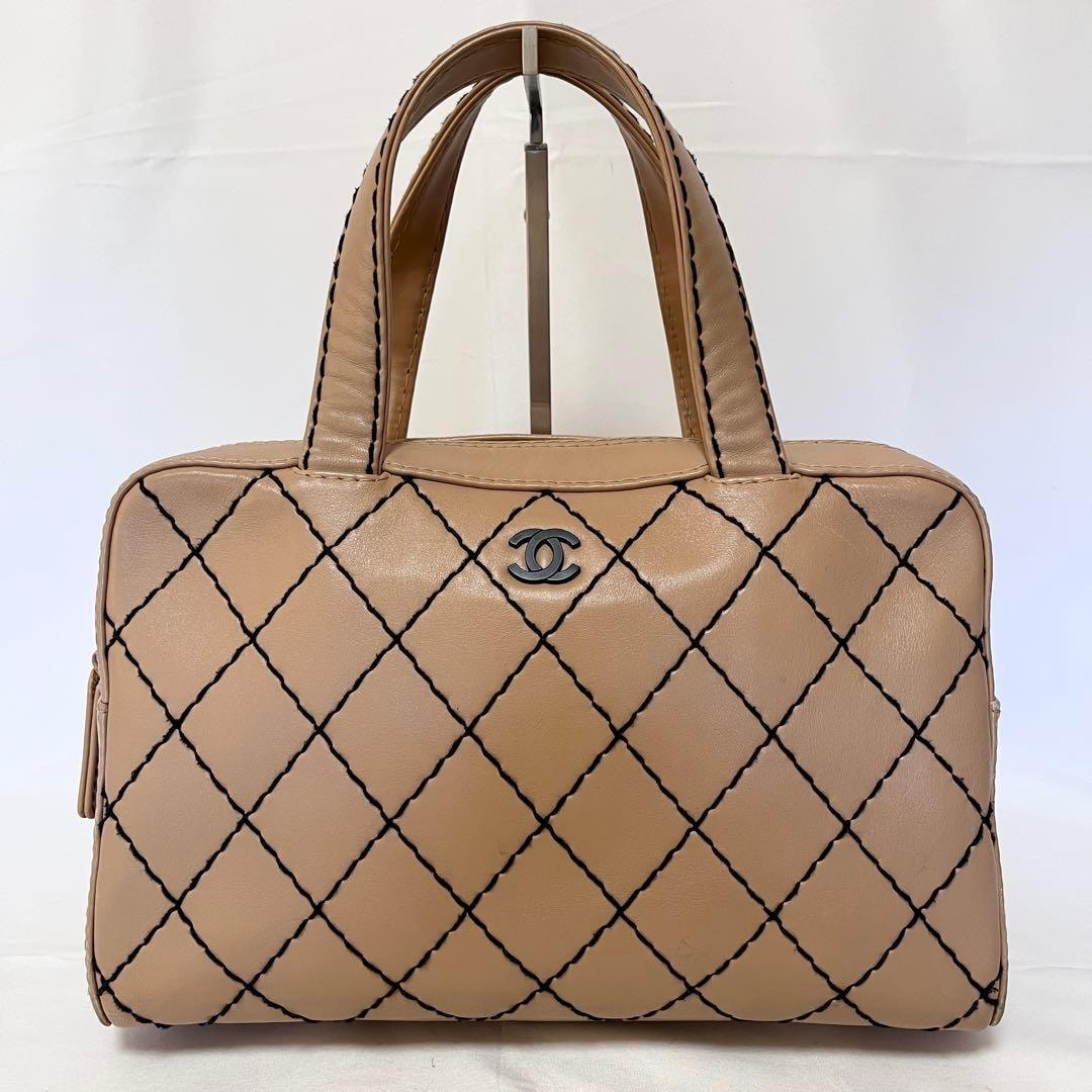 CHANEL シャネル ワイルドステッチ ハンドバッグ ミニボストンバッグ レザー ベージュ 6番台