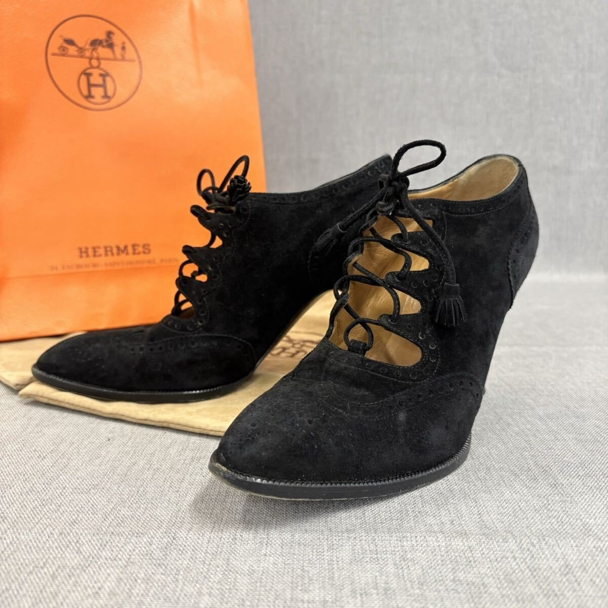エルメス HERMES パンプス リボン スウェードレザー ヒール シューズ 