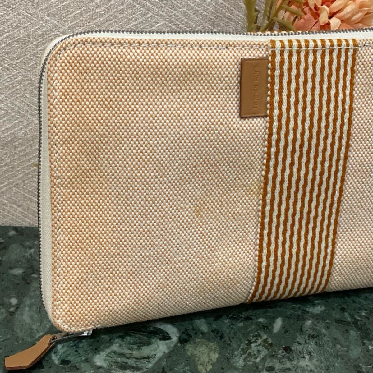 HERMES パースGM ラウンドジップ長財布 オレンジ×オフホワイト 札入れ カード入れ 小銭入れ フールトゥ キャンバス セリエ vintage