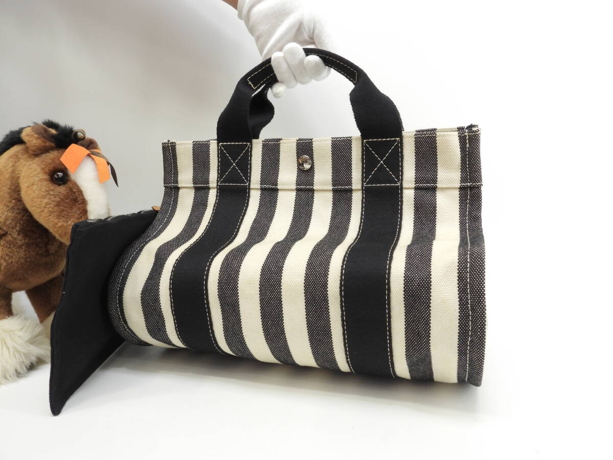 エルメス カンヌPM コットンデニム 黒白 ハンドバッグ トートバッグ 極美品@ 3