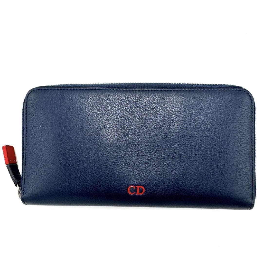 No.363 希少レア商品☆DIOR HOMME ディオールオム 長財布 CDロゴ ラウンドファスナー ネイビー×レッド メンズ レディース ユニセックス