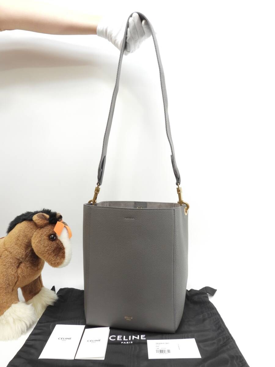 セリーヌ サングルバケット スモール レザー灰 セミショルダーバッグ 未使用@U-AN-5201