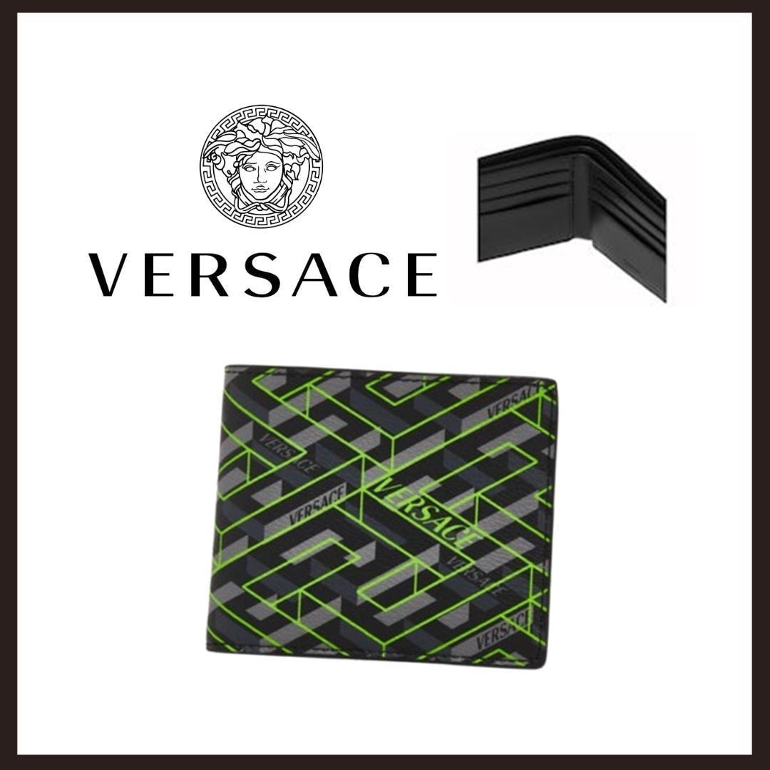 ○★新品 未使用 VERSACE ラ グレカ コンパクトウォレット 定番二折財布 ブラック×グリーン（ヴェルサーチェ）○●