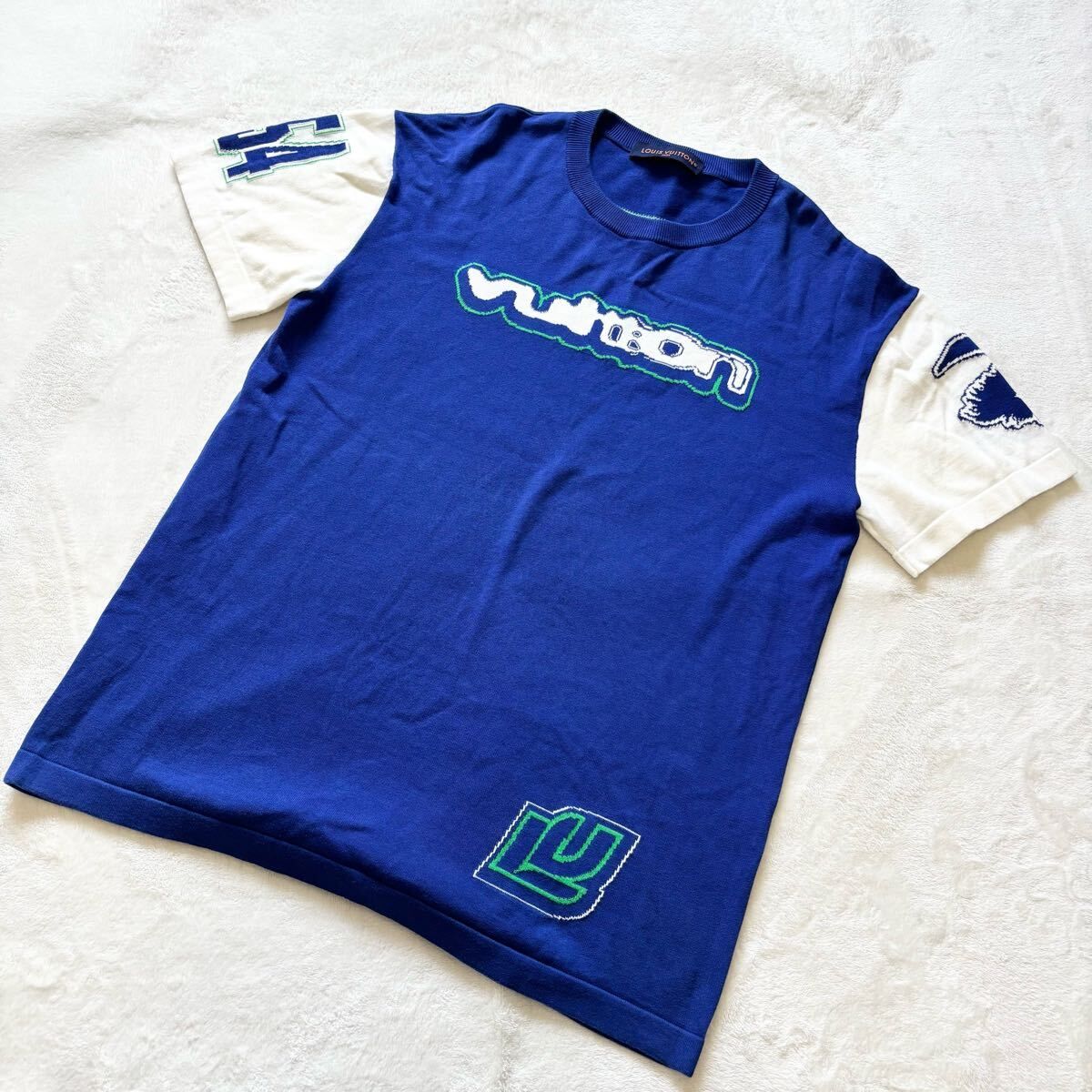 LOUIS VUITTON ルイヴィトン Tシャツ インタルシア ヒカル着用 23AW ロゴドン デカロゴ M ブルー 白 半袖 コットン 希少 レア 夏物