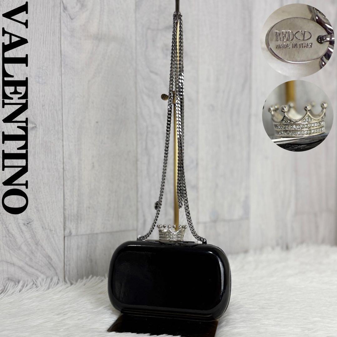 希少 VALENTINO ヴァレンティノ ヴァレンチノ ブランドロゴ クラウン がま口 チェーン ショルダーバッグ ブラック レディース