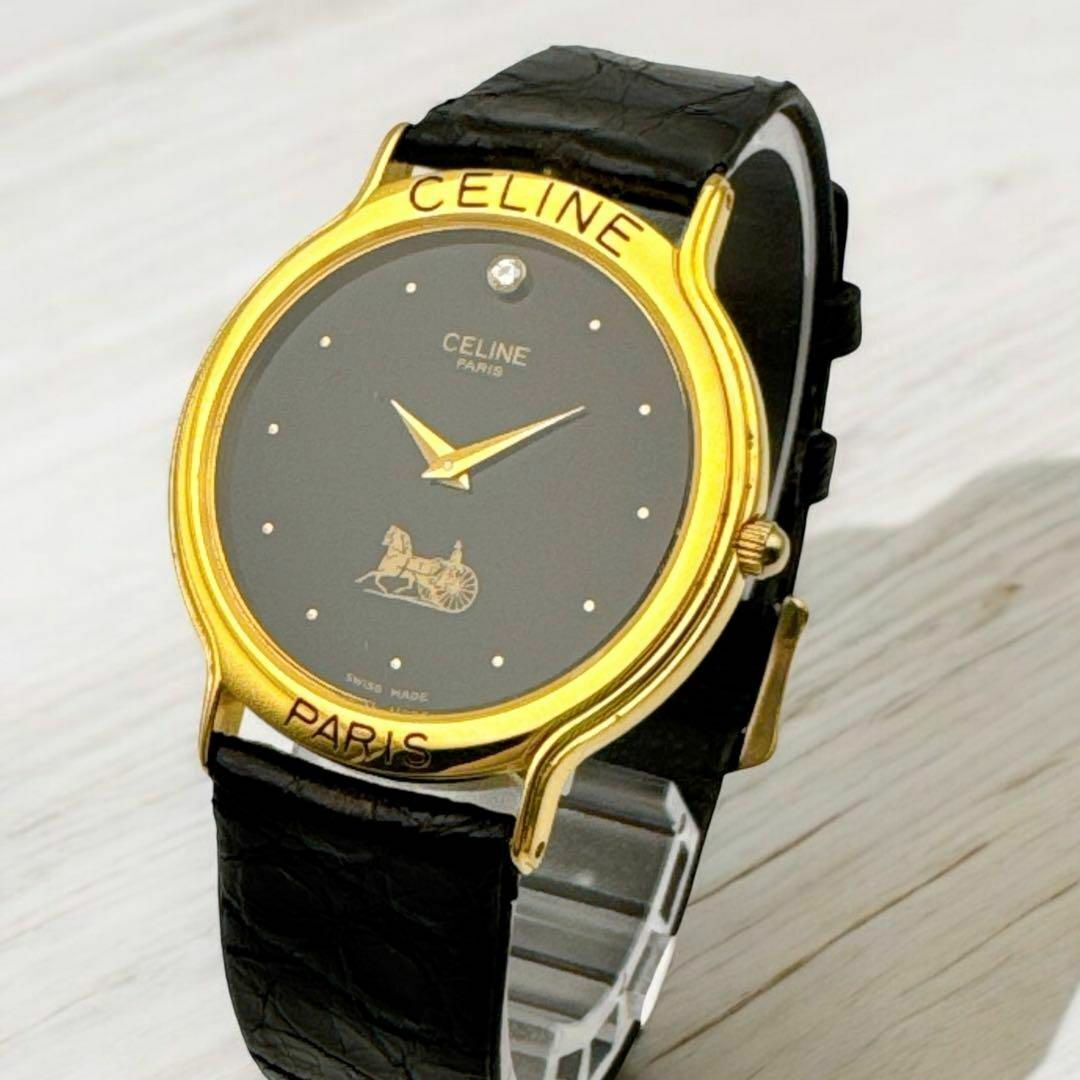 稼働 CELINE セリーヌ 馬車 トリオンフ 1P ゴールド ブラック 腕時計 ボーイズ レディース ウォッチ クオーツ