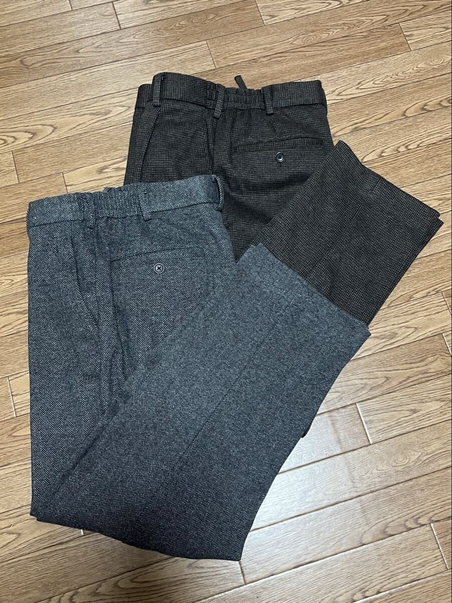 【美品 2本セット】UNIQLO タックワイドパンツ ヘリンボーン チドリ 千鳥 S ユニクロ スラックス ダークブラウン グレー