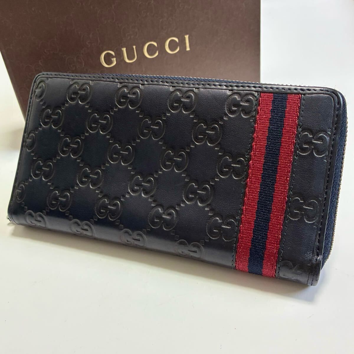 ★GUCCI グッチ シマ シェリー ラウンドファスナー ジップ 長財布 ネイビー 紺 メンズ 男性【鑑定済み 本物保証 】
