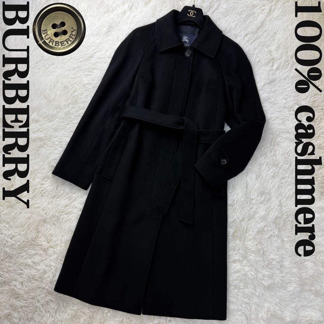極美品 カシミヤ100％ BURBERRY バーバリー ロゴ ロングコート ブラック レディース 38 Mサイズ