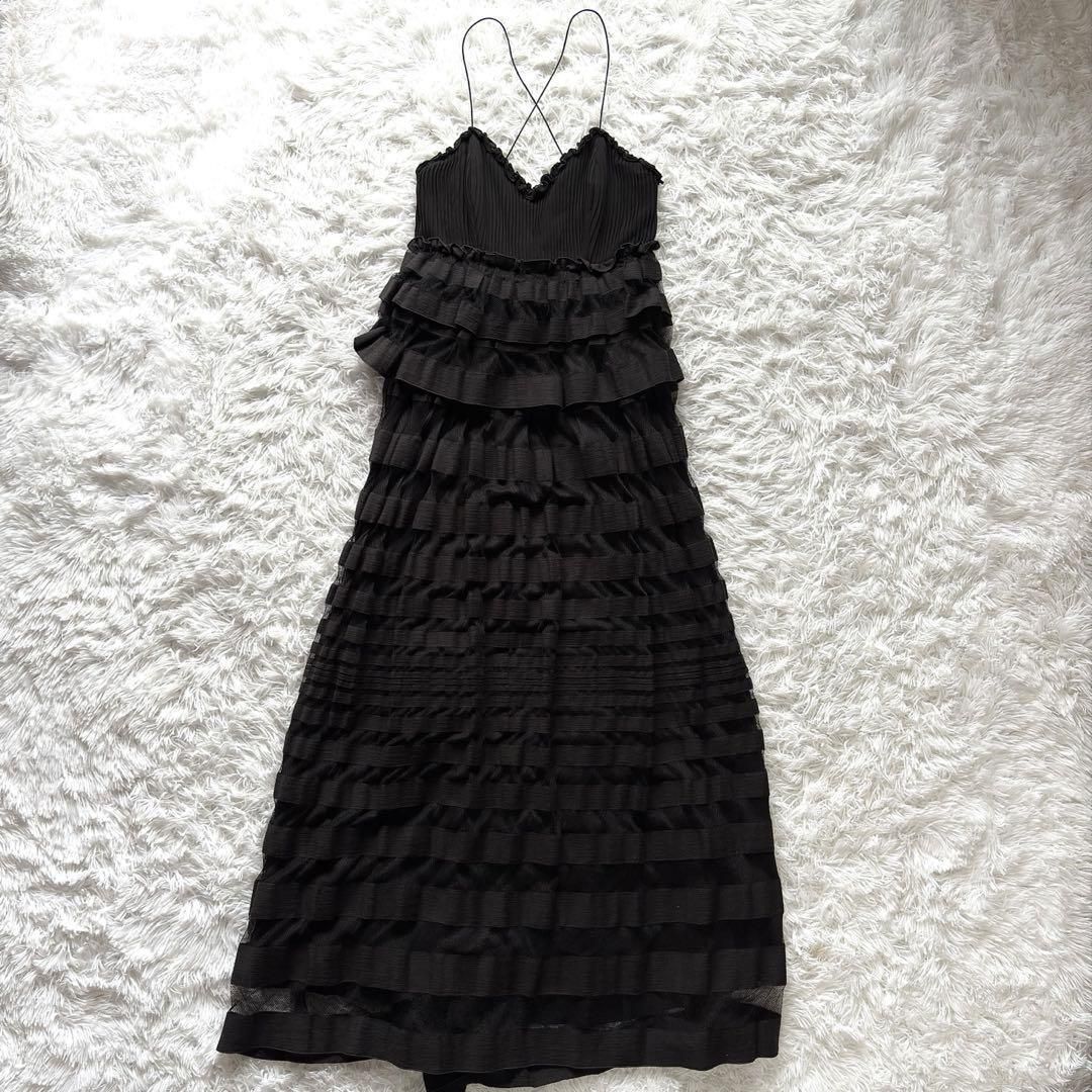 美品フェラガモ メッシュ切替 キャミドレス 38 黒 16SS コットン×シルク