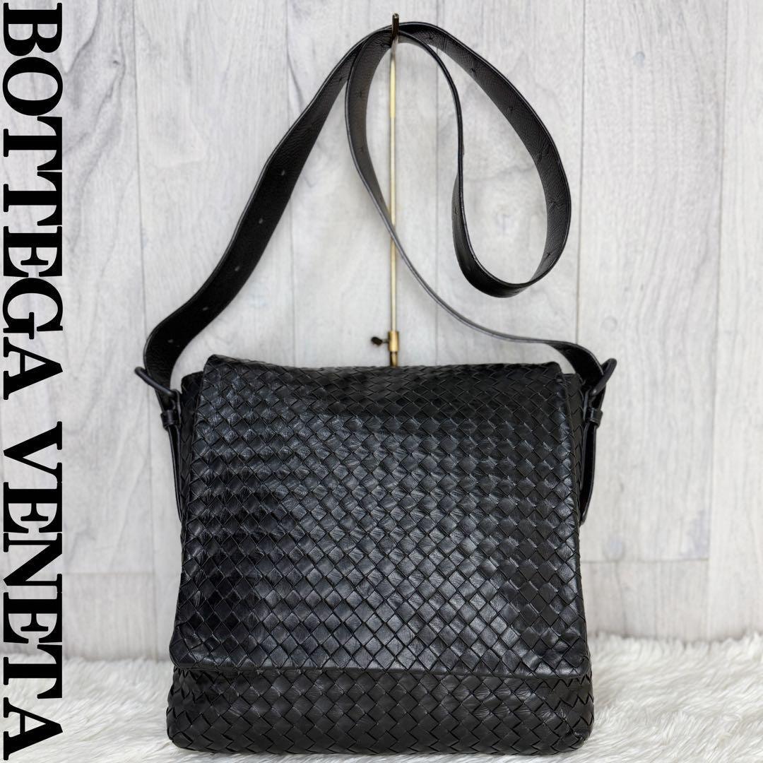 美品 A4可 BOTTEGA VENETA ボッテガヴェネタ イントレチャート レザー ショルダーバッグ ブラック メンズ