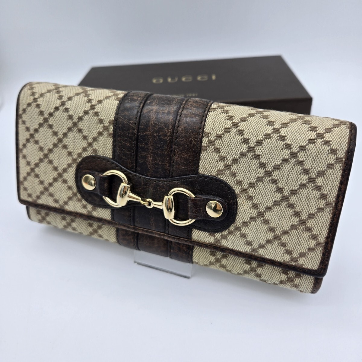 箱付き GUCCI グッチ 長財布 財布 GG キャンバス レザー ホースビット 金具 ブラウン GG柄