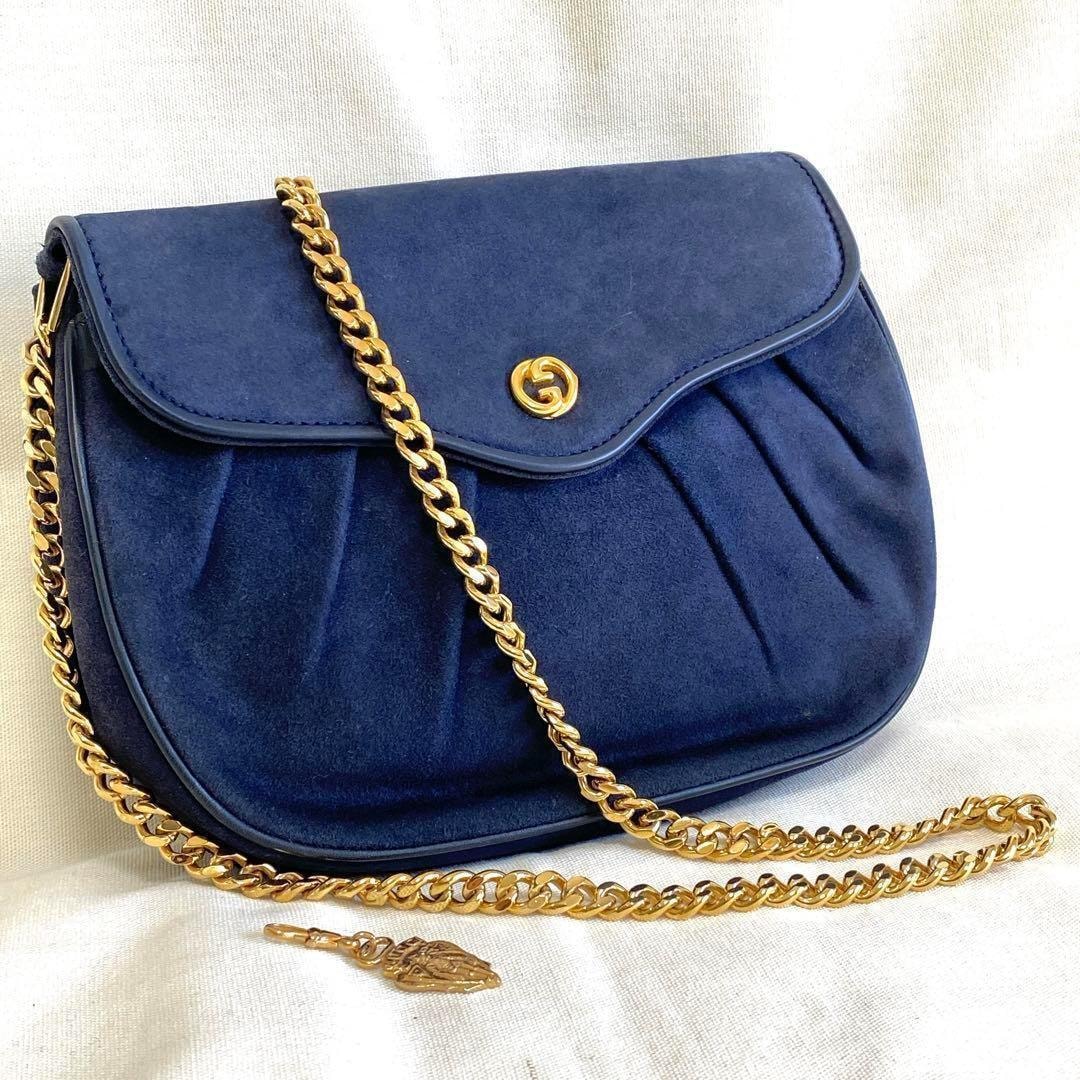 GUCCI オールドグッチ チェーンショルダーバッグ スエード ブルー