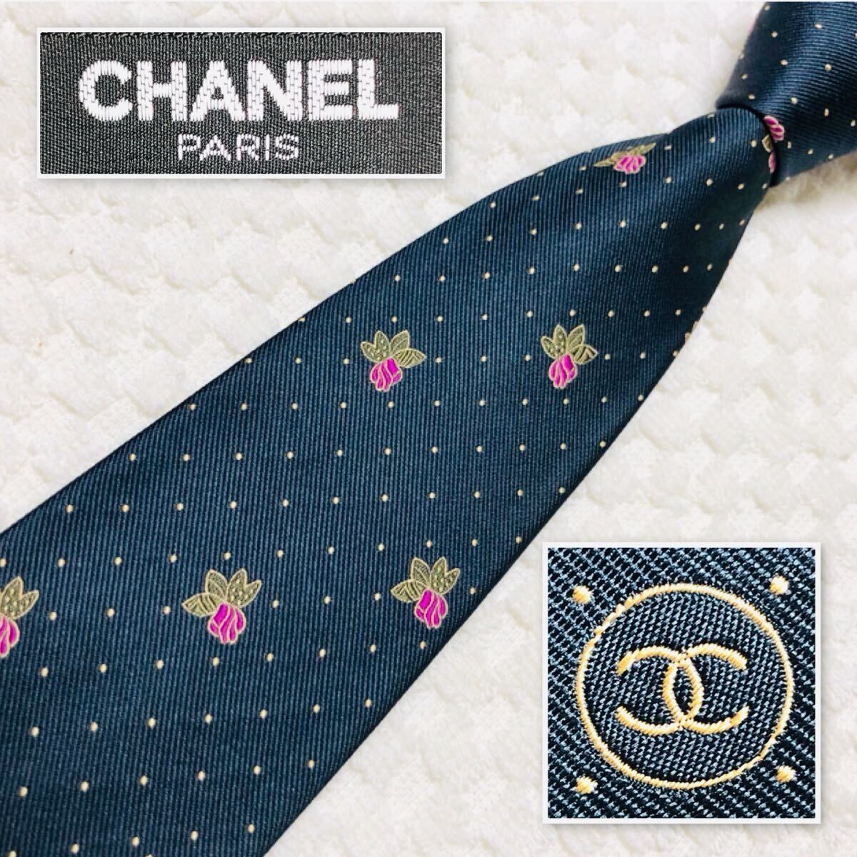 ■美品■CHANEL シャネル　ネクタイ　花柄　ドット　総柄　シルク100% イタリア製　ブラック×ピンク×グリーン　ビジネス
