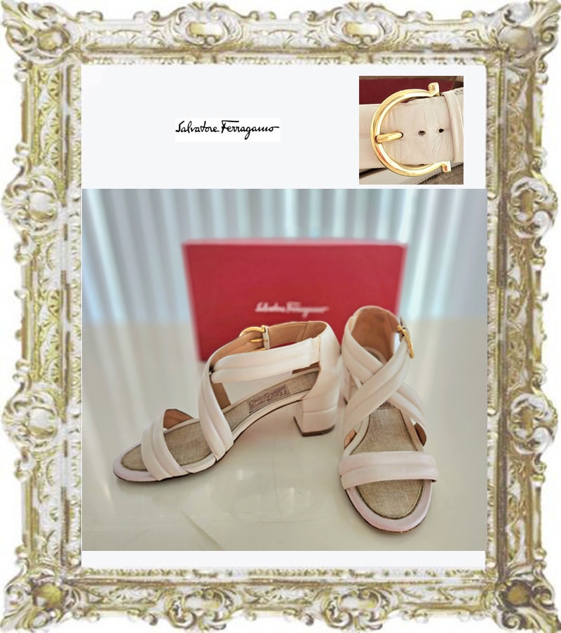 定価8万円◆サルバトーレ フェラガモ ピンクベージュ ガンチーニ金具 チャンキーヒール サンダルパンプス 71/2D 24～24.5㎝程度