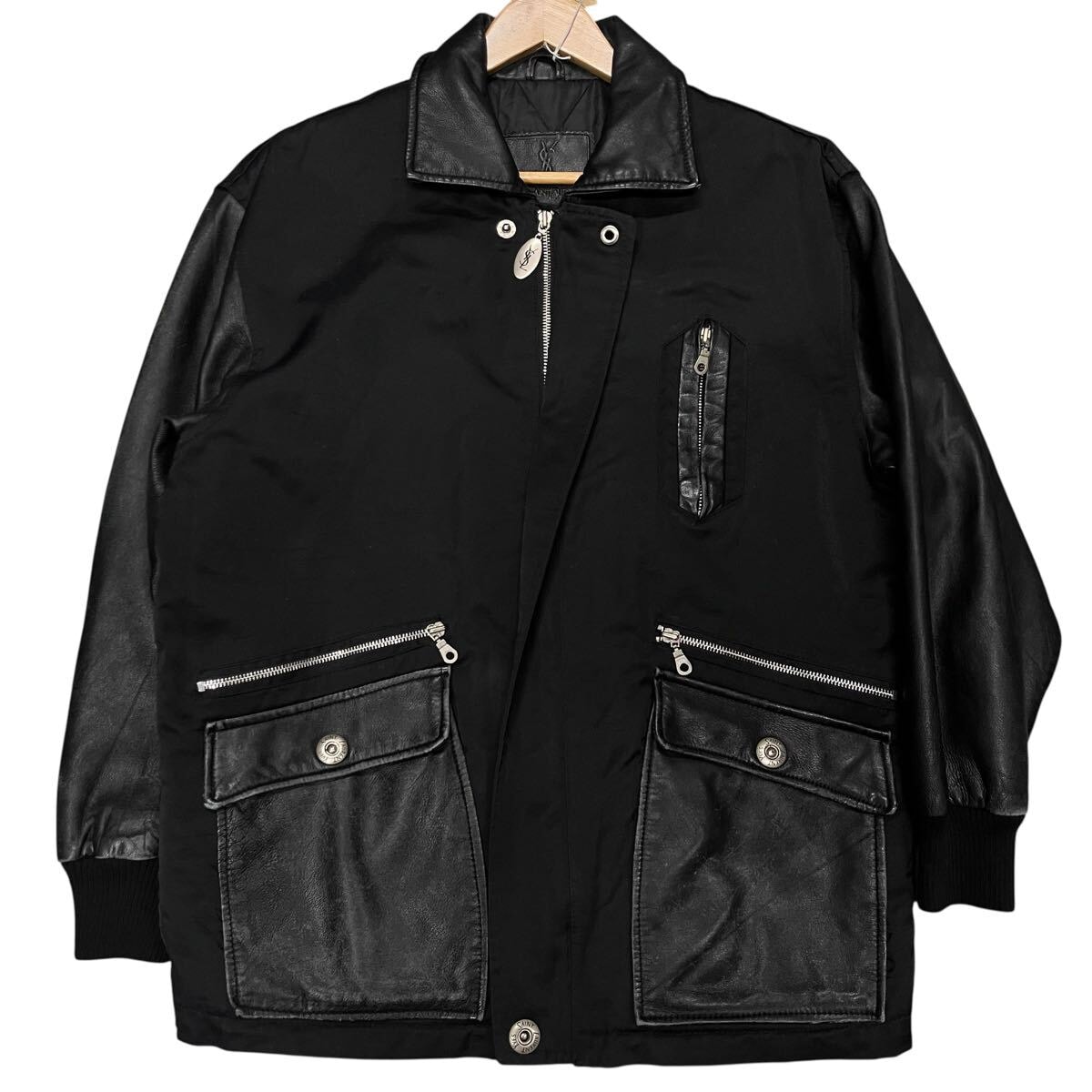 OLD Yves Saint Laurent/Combi Leather Jacket/ナイロン×本革/イヴサンローラン/ブラック/レザージャケット /コート/カバーオール