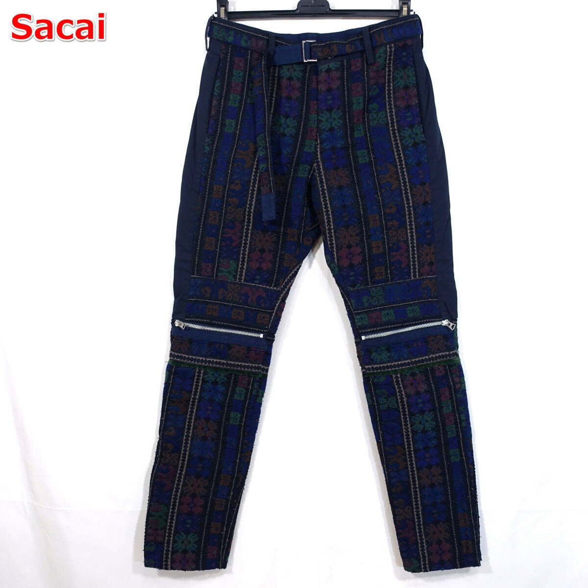 【良品】sacai　刺繍ジャガード　ジップパンツ　サカイ　サイズ１（Ｓ相当）　ネイビー
