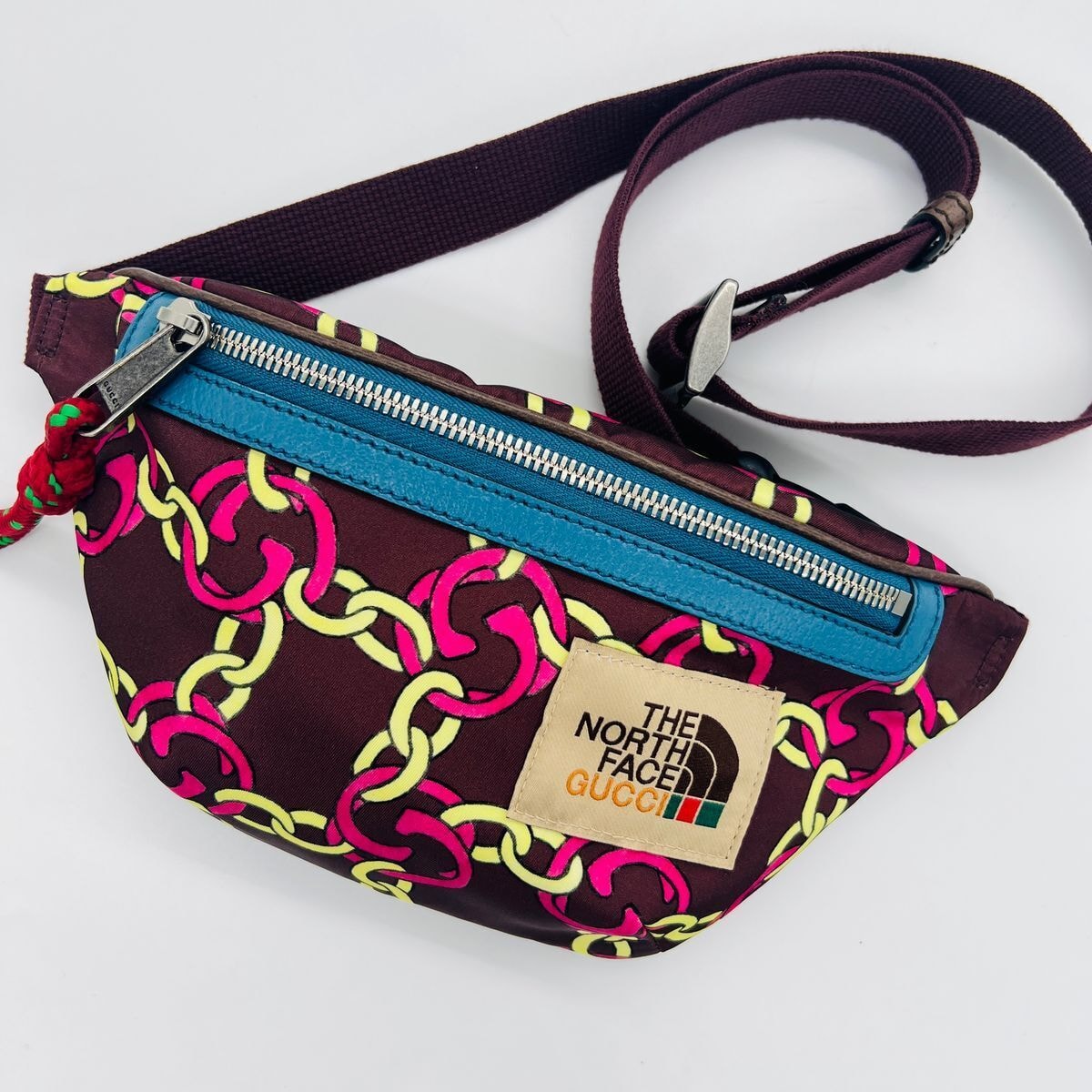 GUCCI×ノースフェイス コラボ 総柄 ボルドー ウエストバッグ ボディバッグ A (未使用に近い)】GUCCI×ノースフェイス コラボ 総柄 ボルドー