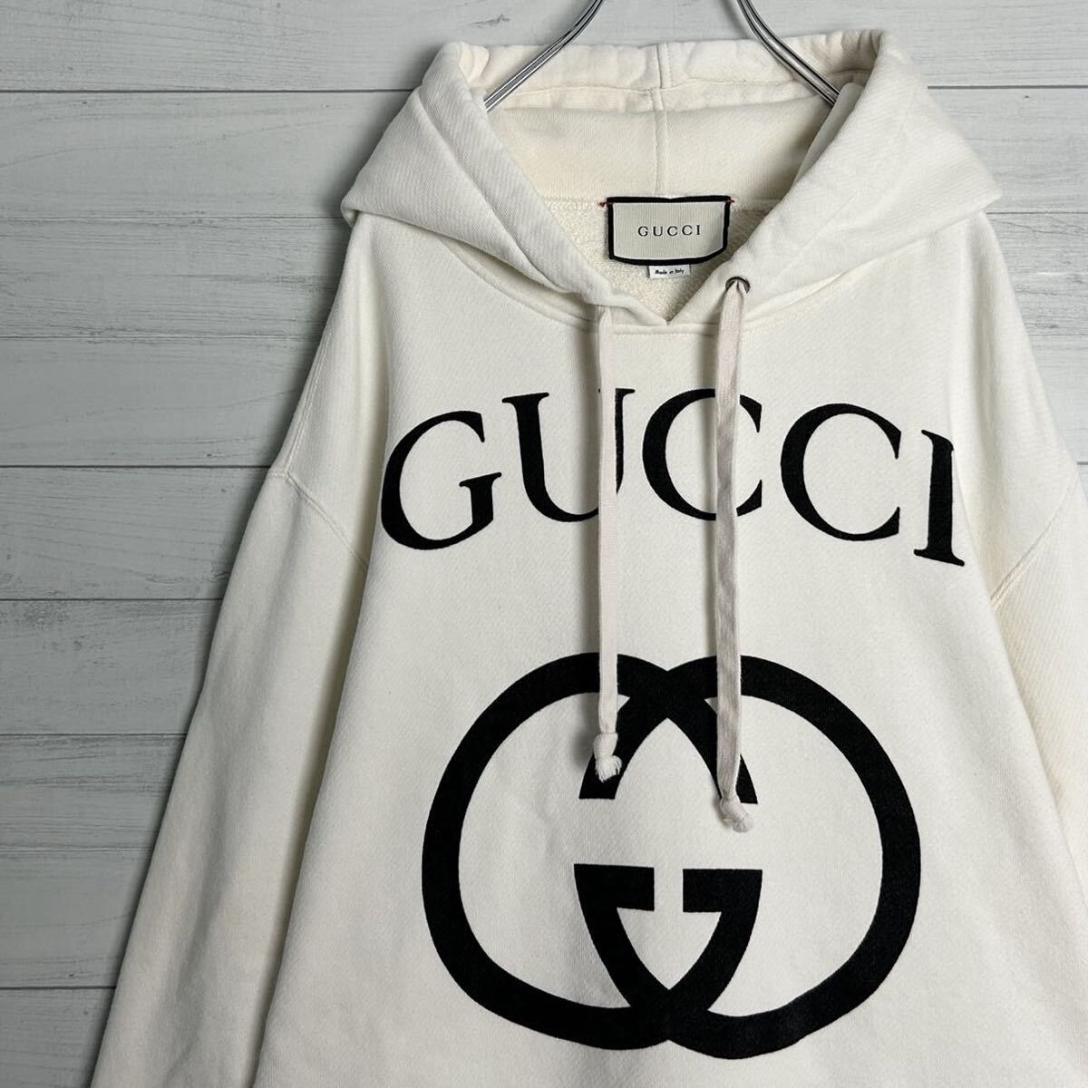 美品 GUCCI グッチ インターロッキング フロントビッグロゴ パーカー フーディー プルオーバー オーバーサイズ ホワイト トップス メンズ