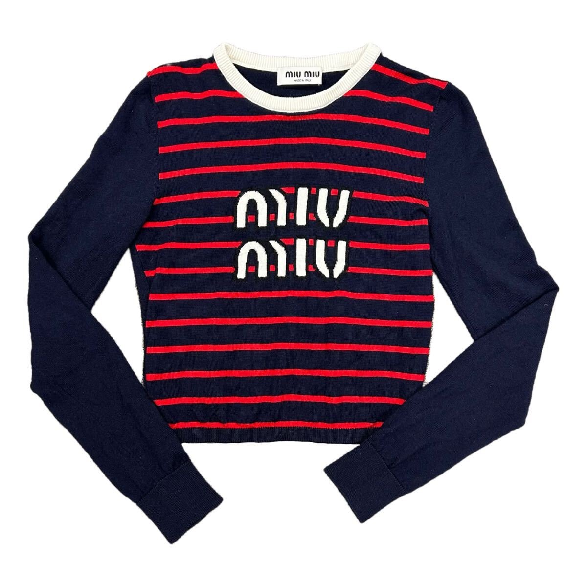 MIUMIU ミュウミュウ　22年　ウール　ニット　クロップド　ロゴ　38　長袖　ネイビー　ボーダー　MML746　レディース