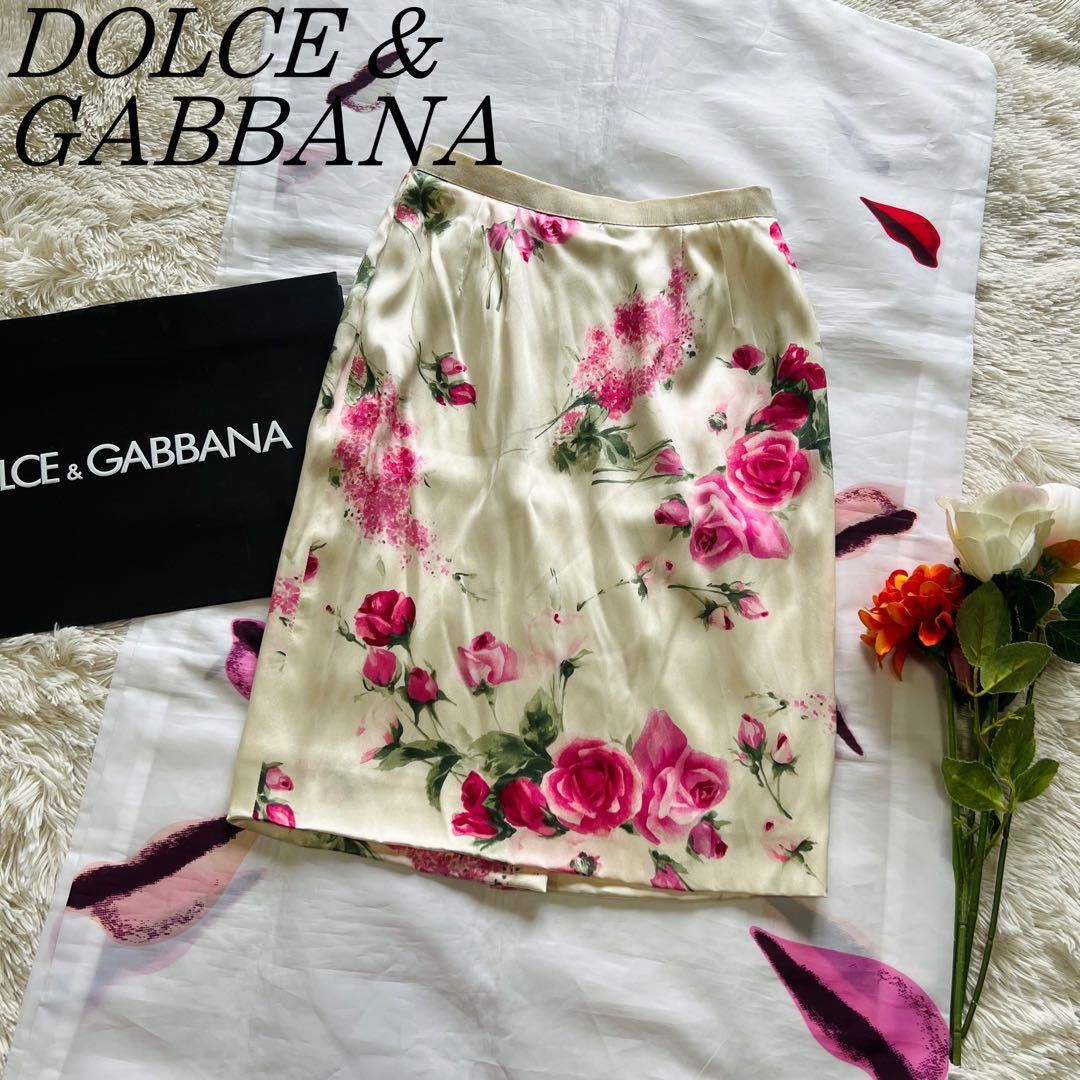 【美品】DOLCE&GABBANA 総柄スカート オフホワイト 38 シルク ドルチェアンドガッバーナ 膝丈 M