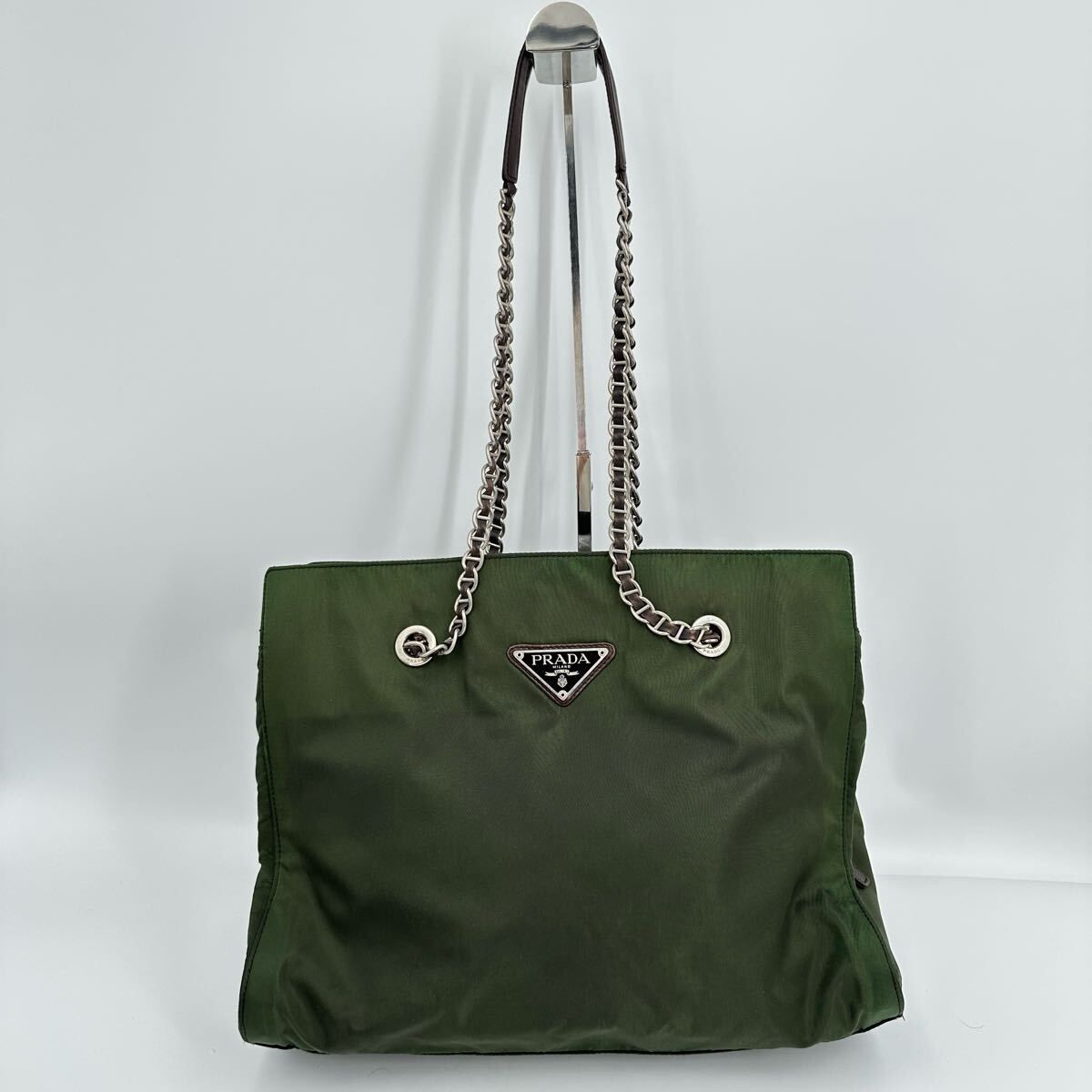 プラダ ナイロン レザー チェーンショルダー トートバッグ 肩掛け カーキ 緑 PRADA テスートナイロン ショルダーバッグ チェーン レザー
