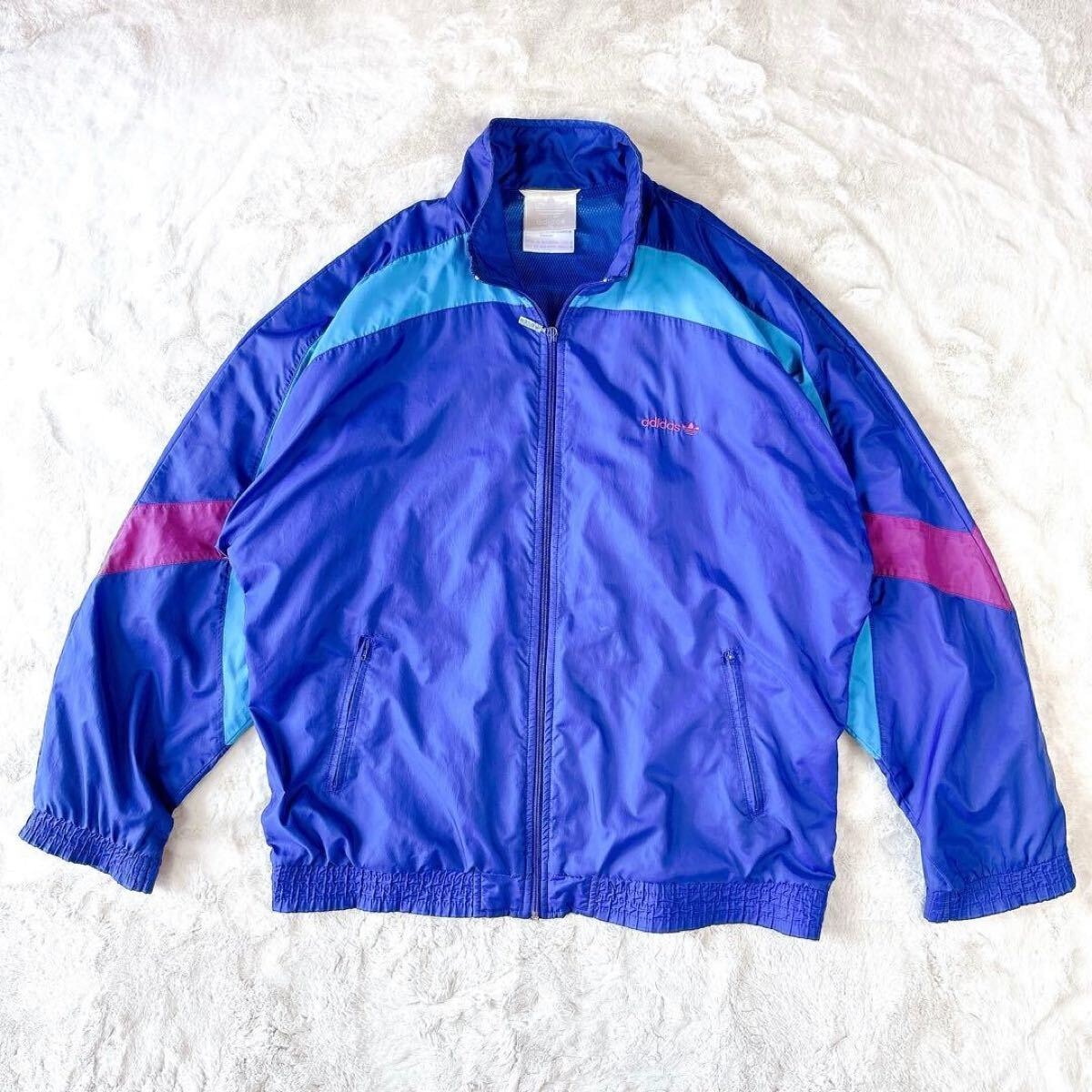 80s 80年代 90s 90年代 adidas アディダス ナイロンジャケット フルジップ ロゴ 刺繍 旧タグ 好配色 マルチカラー 切り替え L 古着 メンズ