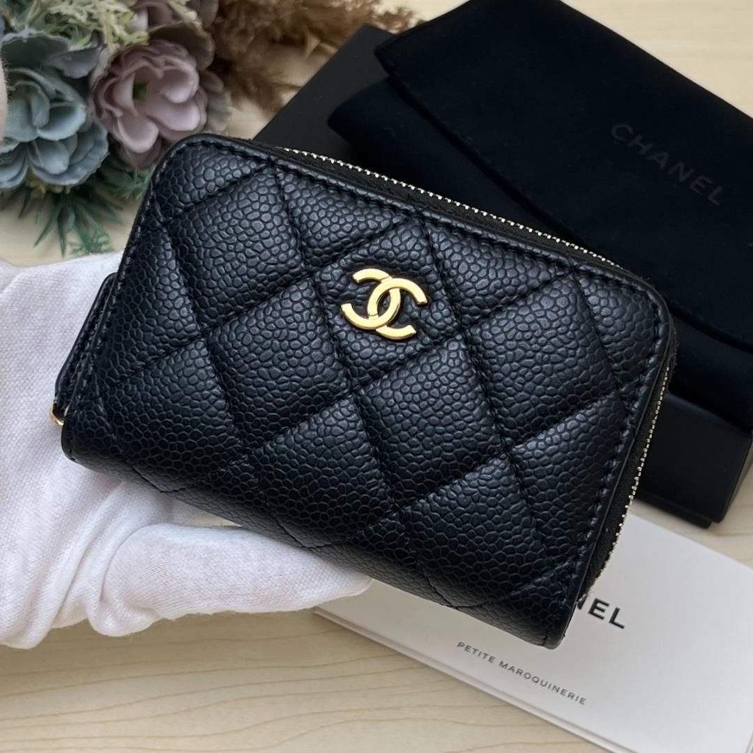 シャネル CHANEL キャビアスキン マトラッセ ジップウォレット ブラック
