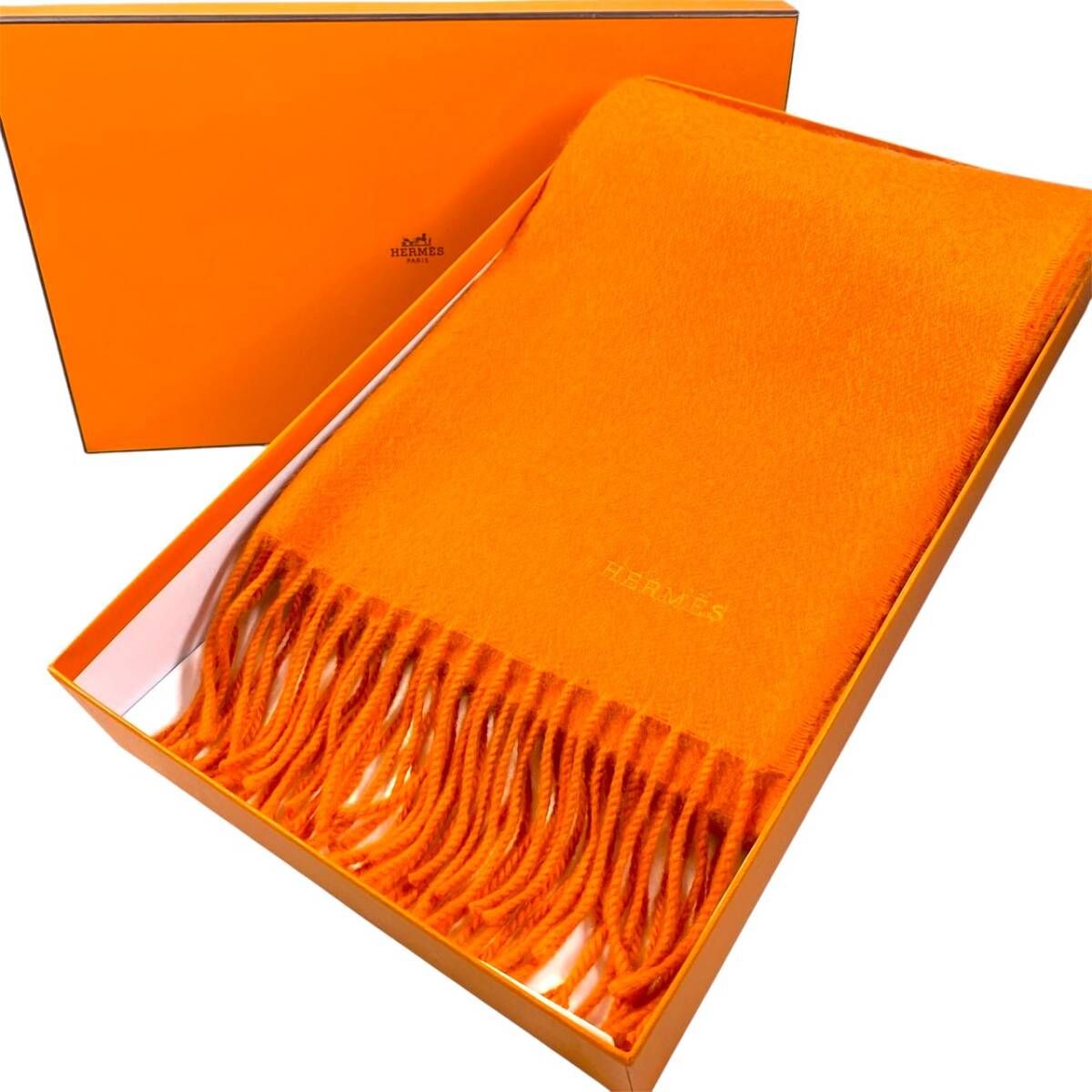 2505　HERMES エルメス　カシミヤ マフラー オレンジ　箱付き