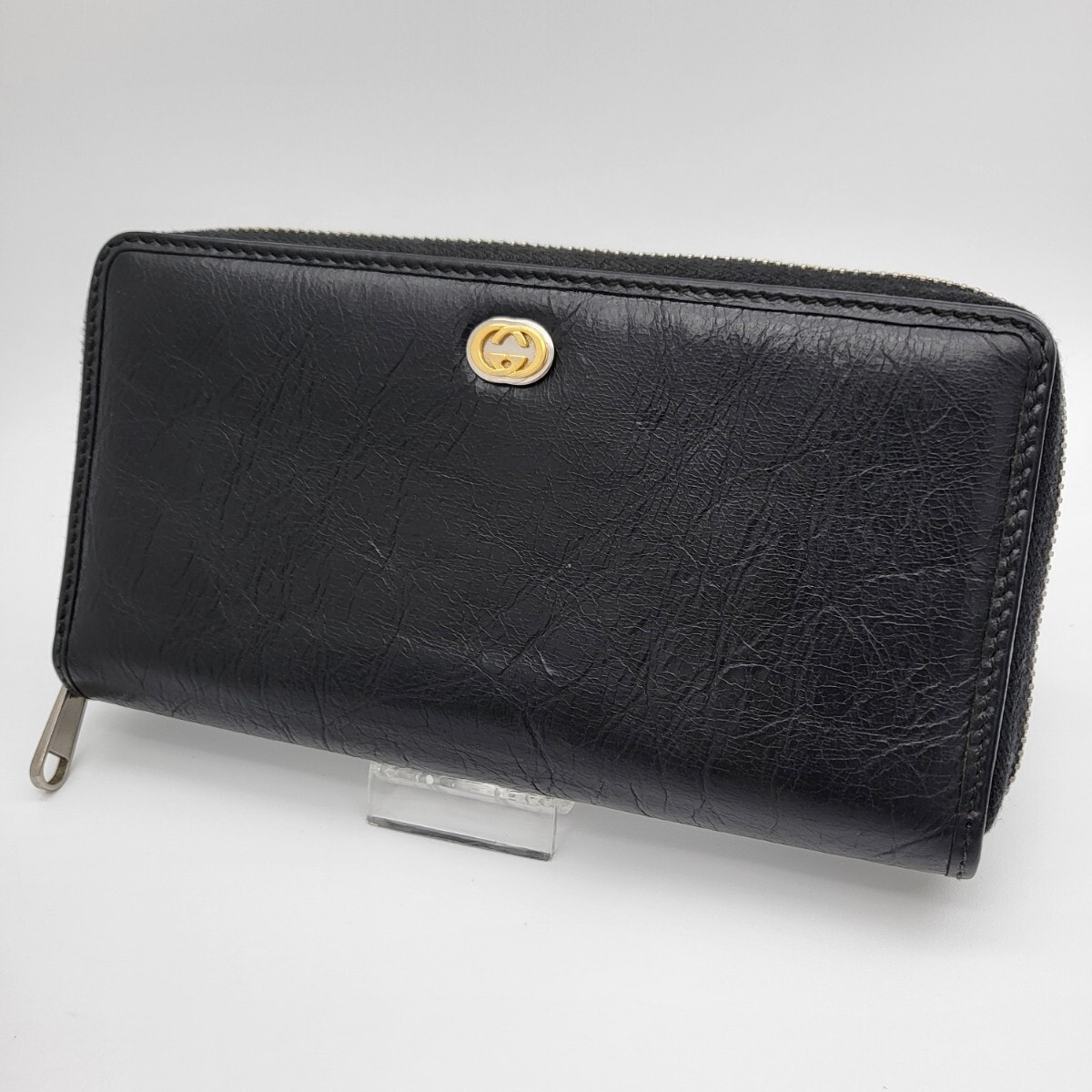GUCCI グッチ マリーナ シワ加工 ラウンドファスナー 長財布 財布 インターロッキング GG レザー ブラック 黒