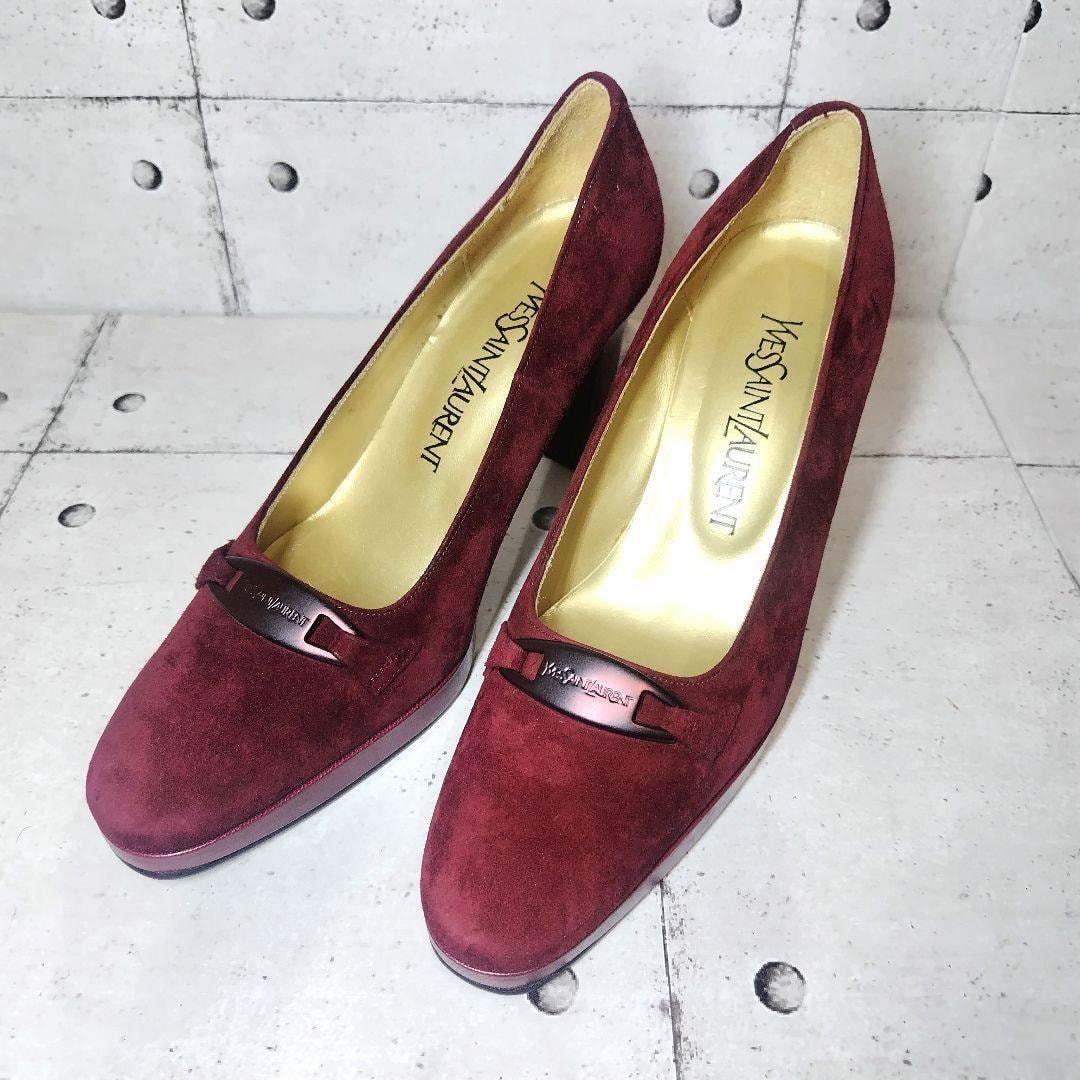 イヴ・サンローラン　レディース　 パンプス 35.5 スエード ボルドー 美品 ロゴプレート　22.5㎝　フォーマル　パーティー　ドレス