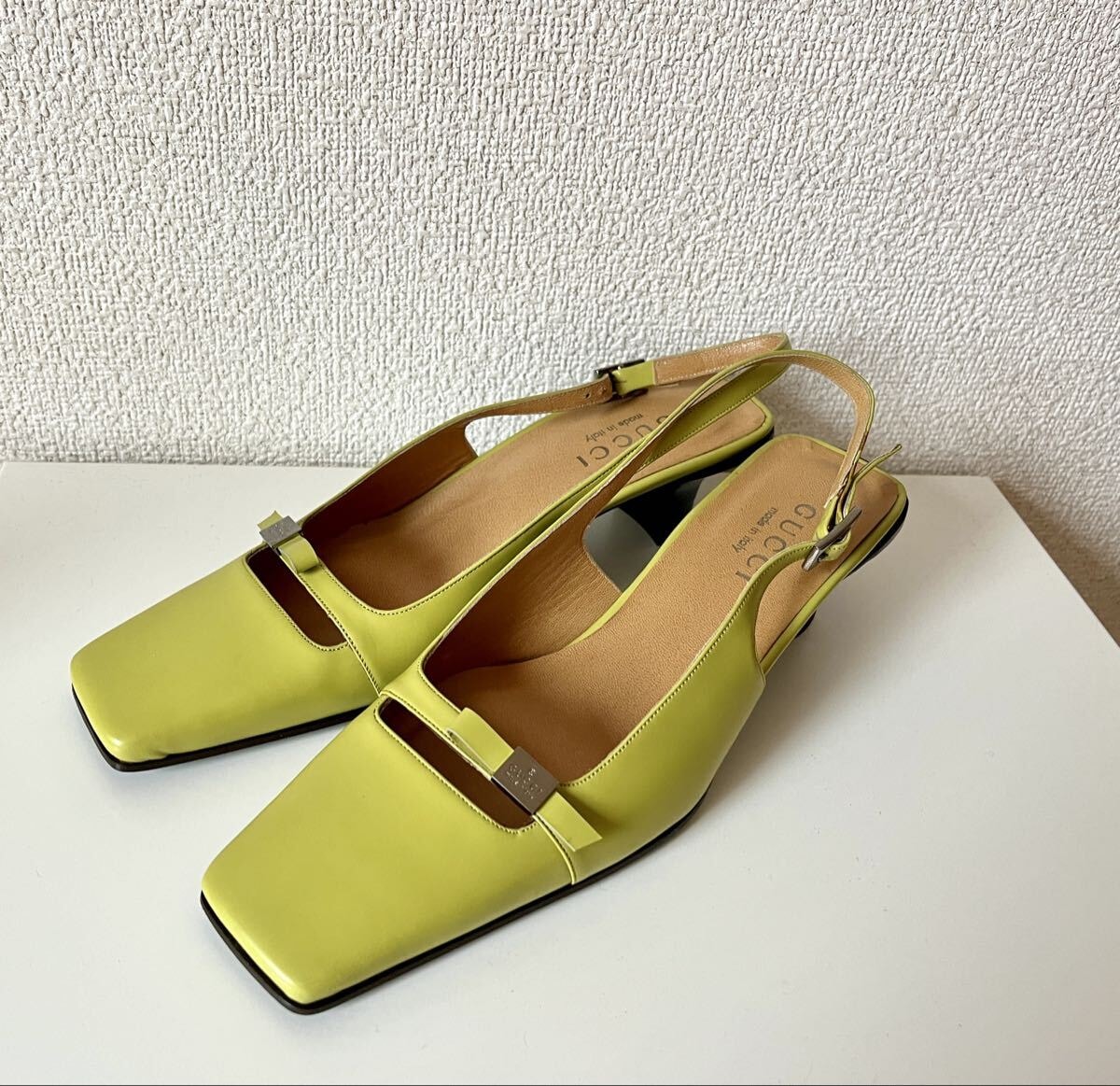 美品 GUCCI グッチ パンプス ライムグリーン スクエアトゥ 7B（約24cm / EU37.5-38） レザー シューズ