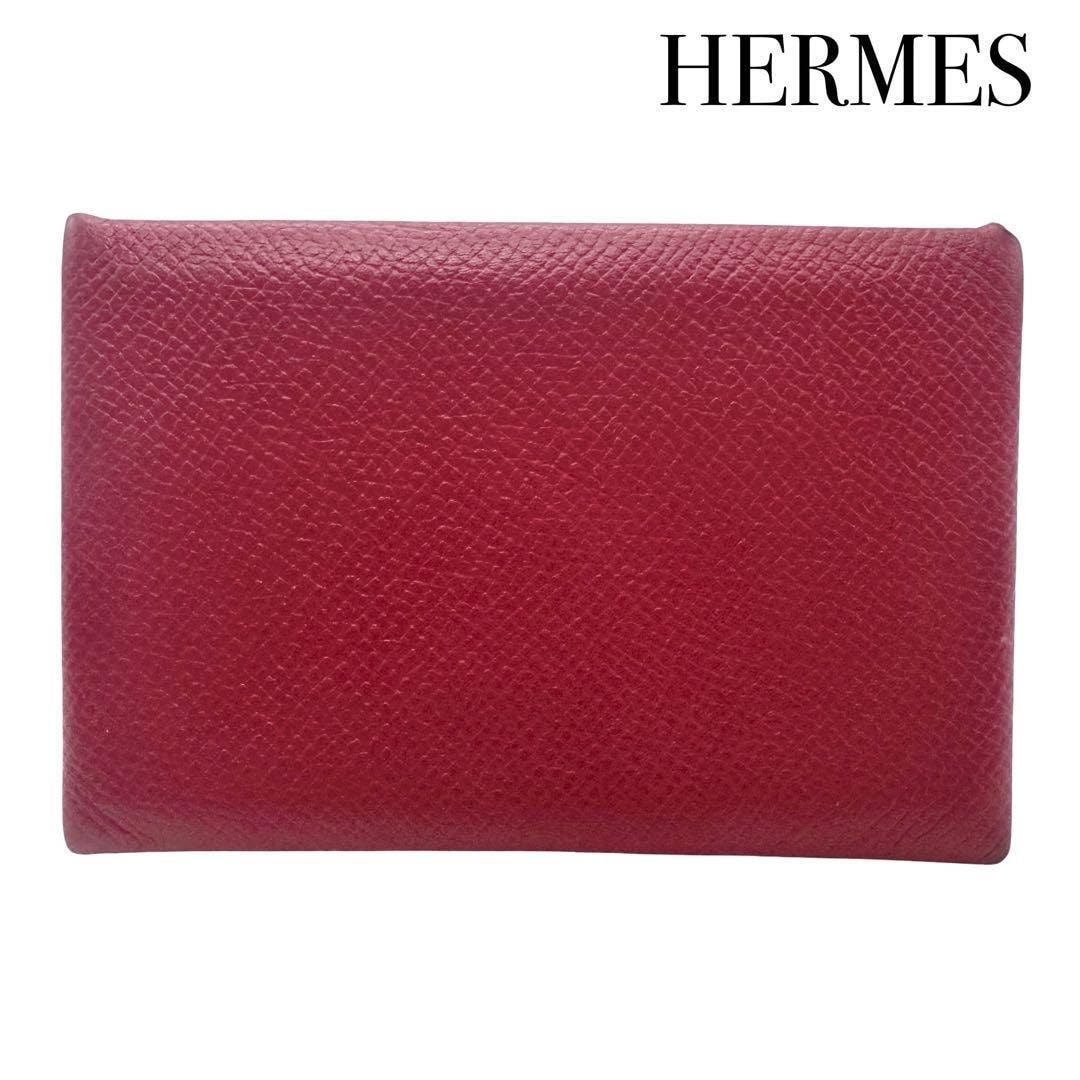 HERMES エルメス カルヴィ カードケース 名刺入れ ヴォーエプソン レッド系 T刻印 2015年製 フランス製 レディース ビジネス