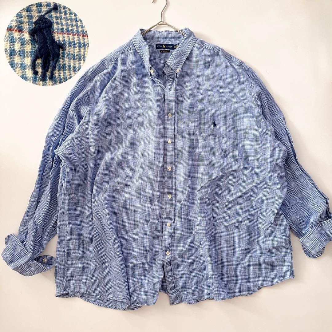 4XB POLO RALPH LAUREN ラルフローレン チェックシャツ ネイビーポニー 刺繍 ボタンダウンシャツ BDシャツ 古着 麻 リネン RL UNTUCKED FIT