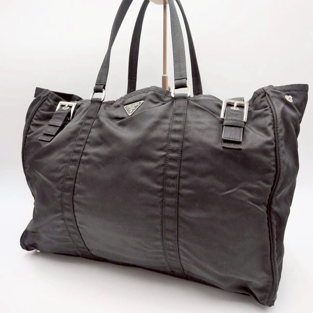 美品 PRADA プラダ テスートナイロン トート ボストンバック ショルダー ビジネス レザー 本革 ブラック 黒 A4収納可能 ユニセックス