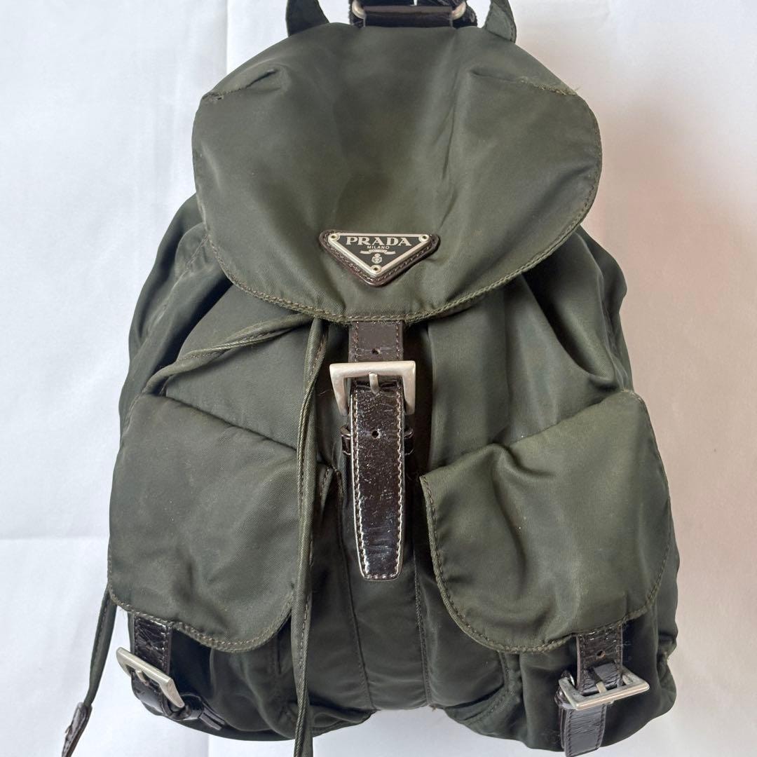 PRADAナイロンレザーリュックカーキグリーン三角プレート 保存袋付シミ有り