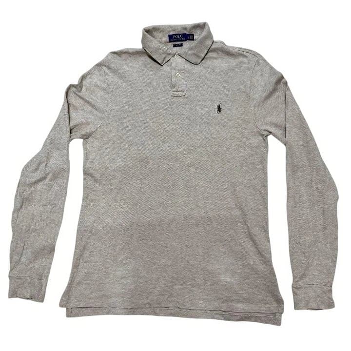 ラルフローレン 長袖ポロシャツ ベージュ L SLIM FIT 刺繍ロゴ メンズ 古着 定番 人気