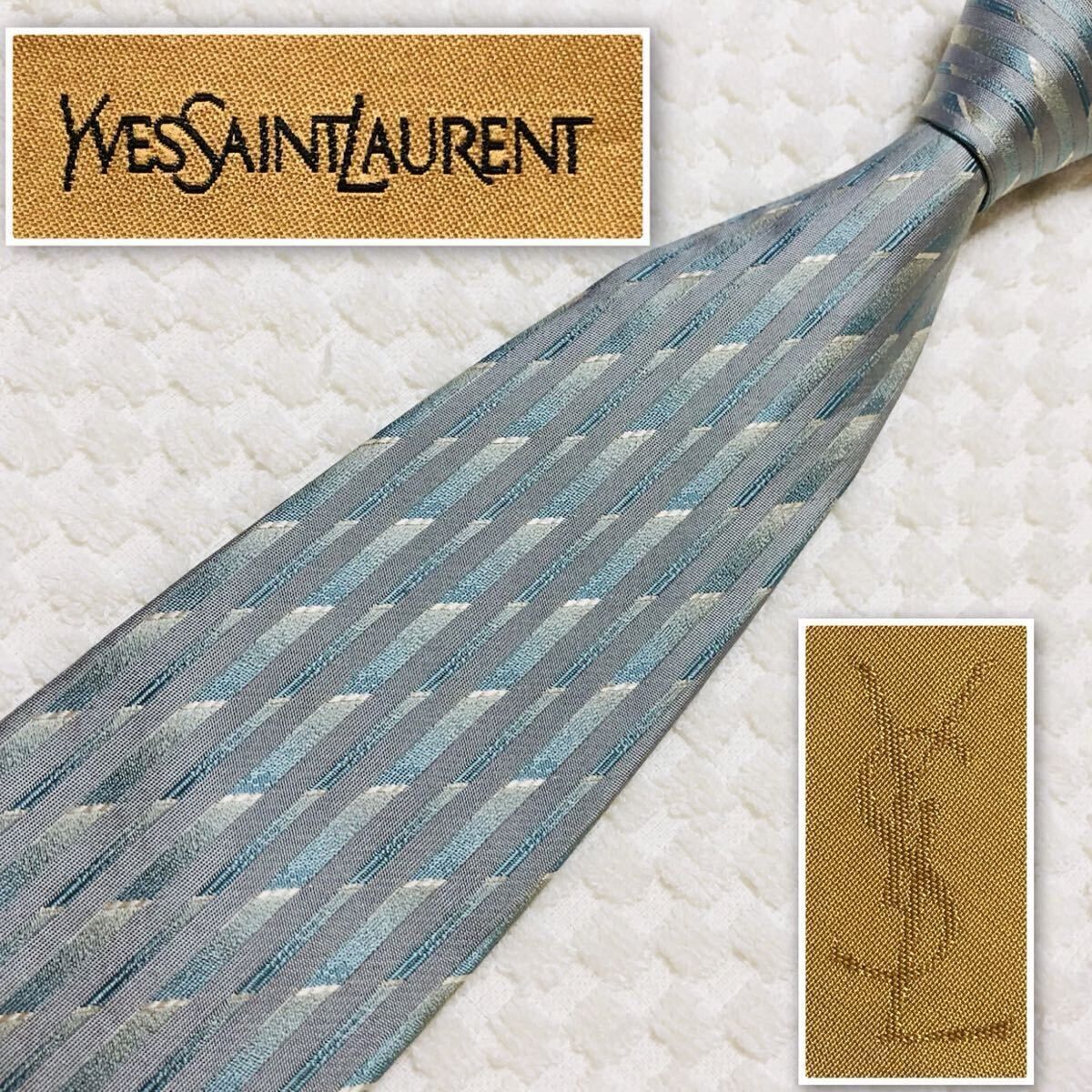 ■美品■Yves saint Laurent イヴサンローラン　ネクタイ　ストライプ　シルク100% 日本製　ブルーグリーン系　ビジネス