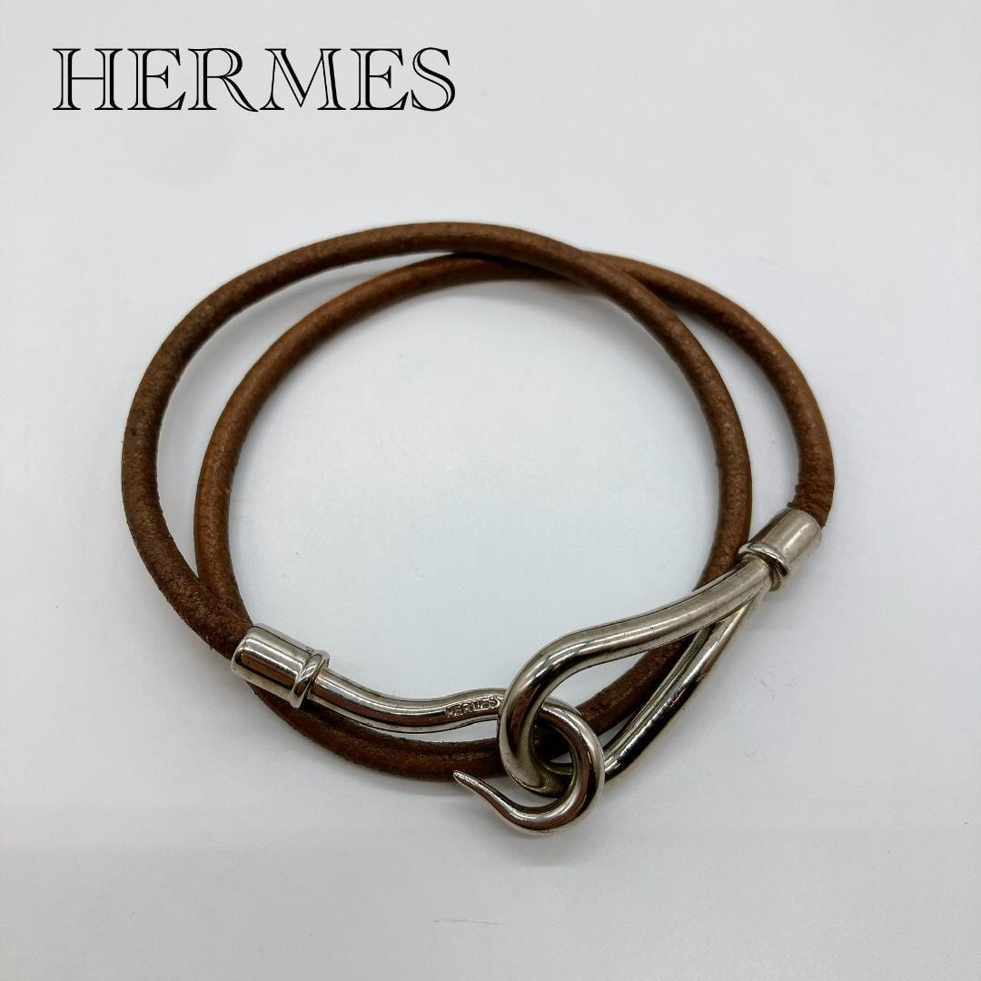 HERMES ジャンボチョーカー 2連 ブレスレット レザー メッキ キャメル 
