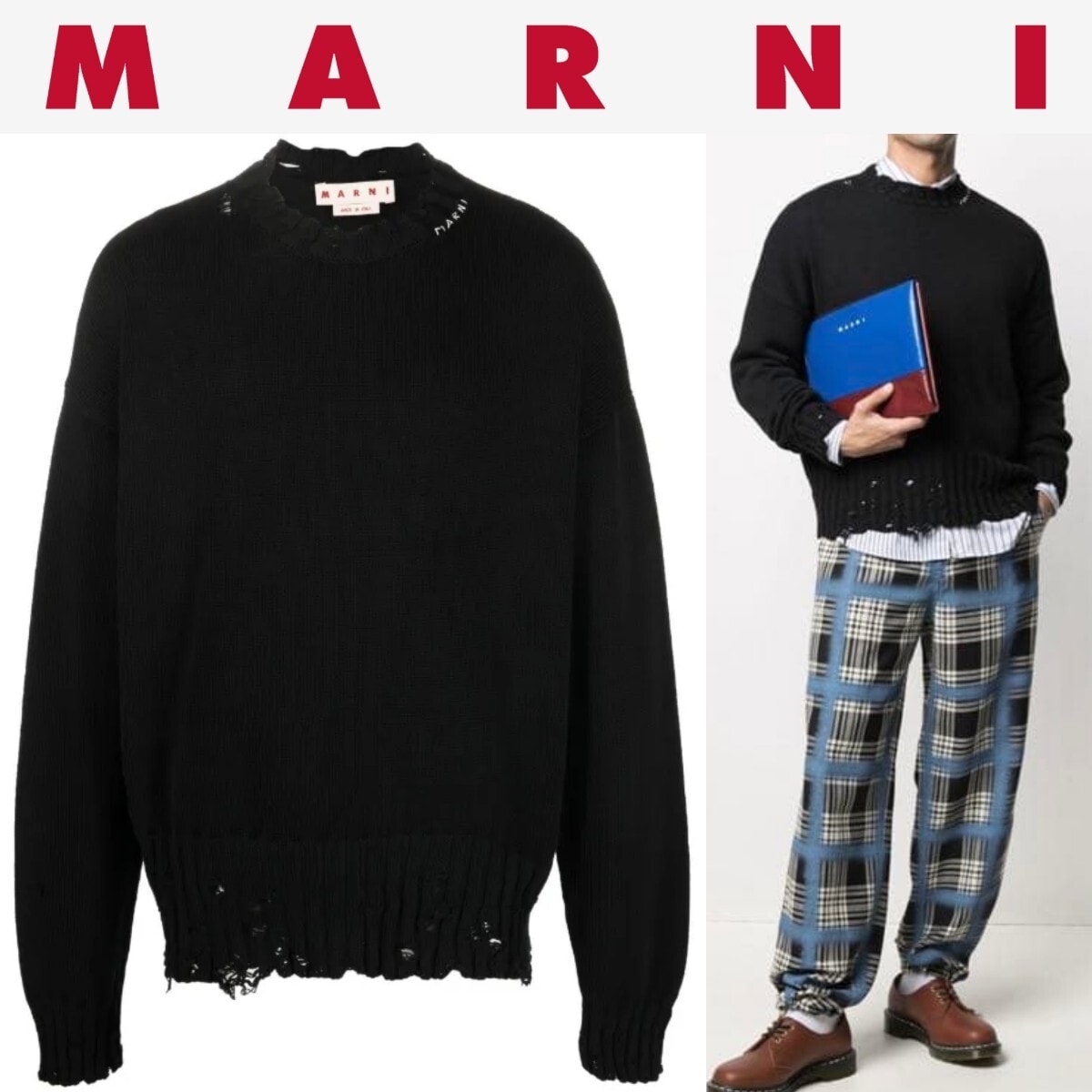 定価12万 マルニ MARNI クルーネック ダメージ ニット セーター 48 黒 ブラック コットン L M コート ジャケット ロゴ オーバーサイズ