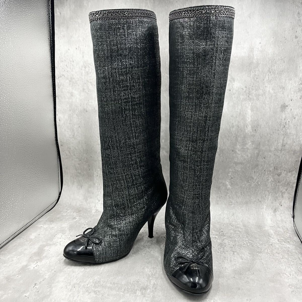 シャネル ブーツ ロングブーツ ファブリック ブラック