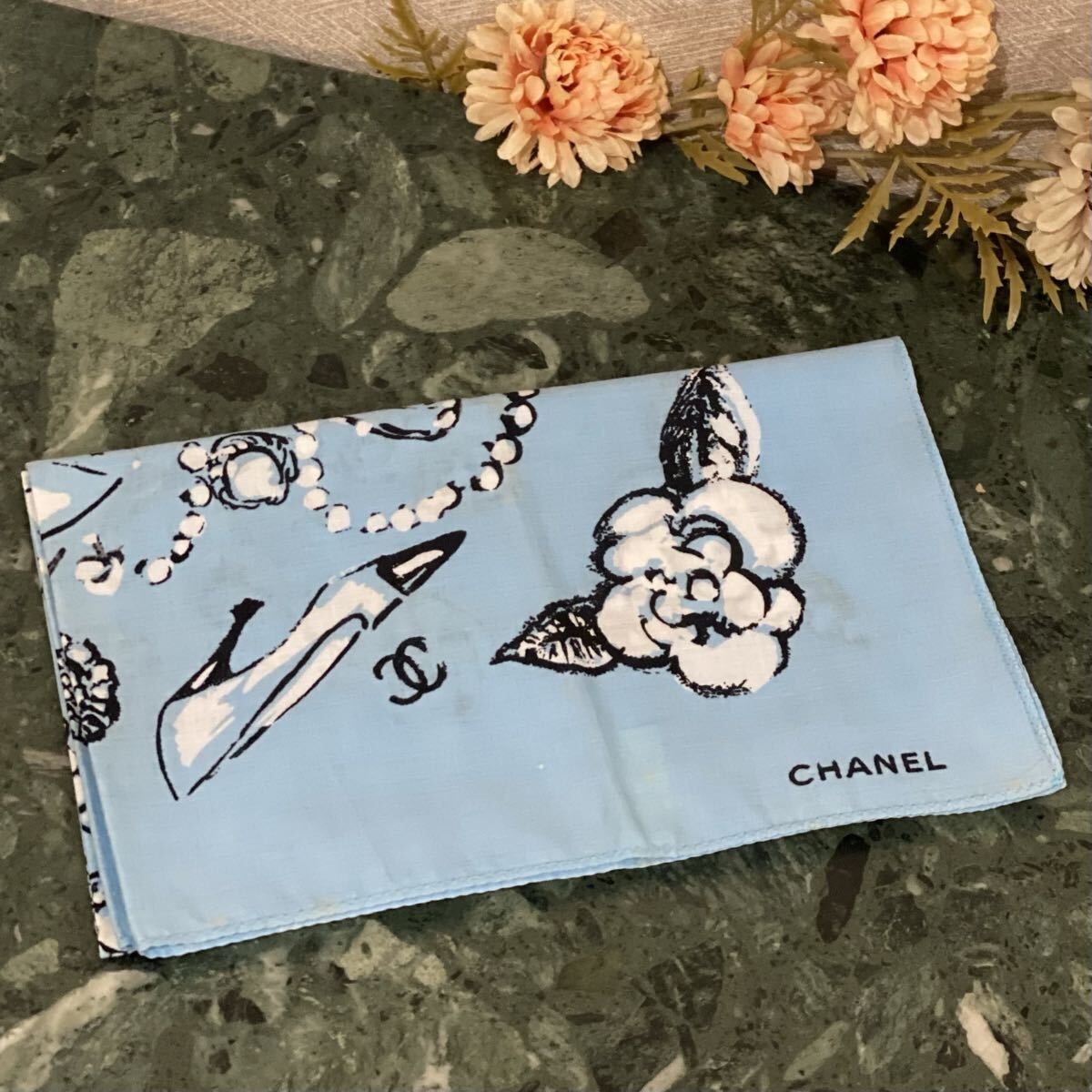 VINTAGE CHANEL ハンカチーフ ブルー カメリア ココマーク アクセサリー ジュエリー リボン 靴 ハット ヴィンテージシャネル