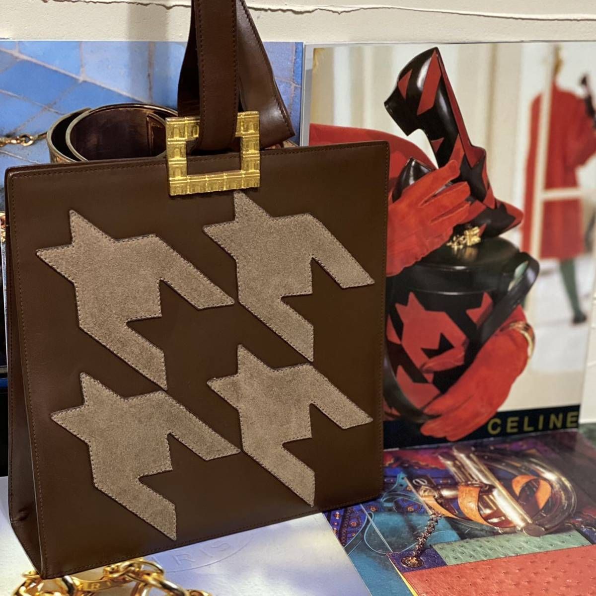 激レア VINTAGE OLD CELINE ショルダーバッグ 千鳥 凱旋門金具 やや傷や汚れあり】激レア OLD CELINE 千鳥格子柄 ショルダー