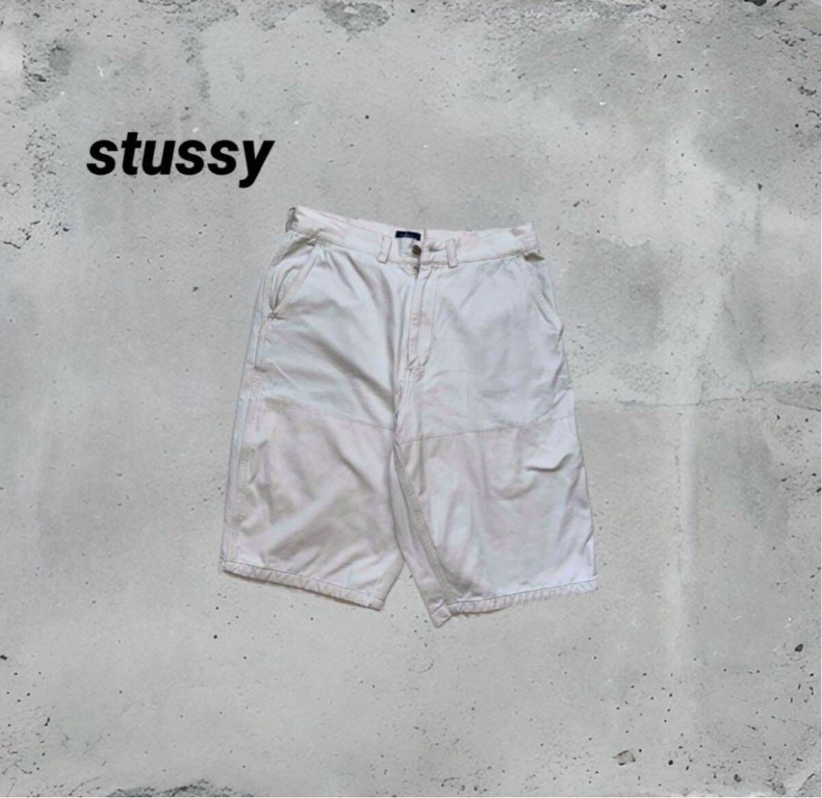 90s old stussy ステューシー　紺タグ　ショートパンツ　短パン ホワイト W32 ヴィンテージ　 ショーツ　Lサイズ 古着