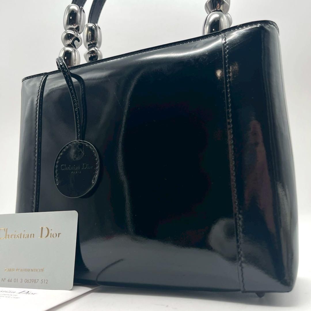 【美品】ディオール ハンドバッグ トップハンドル マリスパール 黒 レザー Christian Dior エナメル ブラック