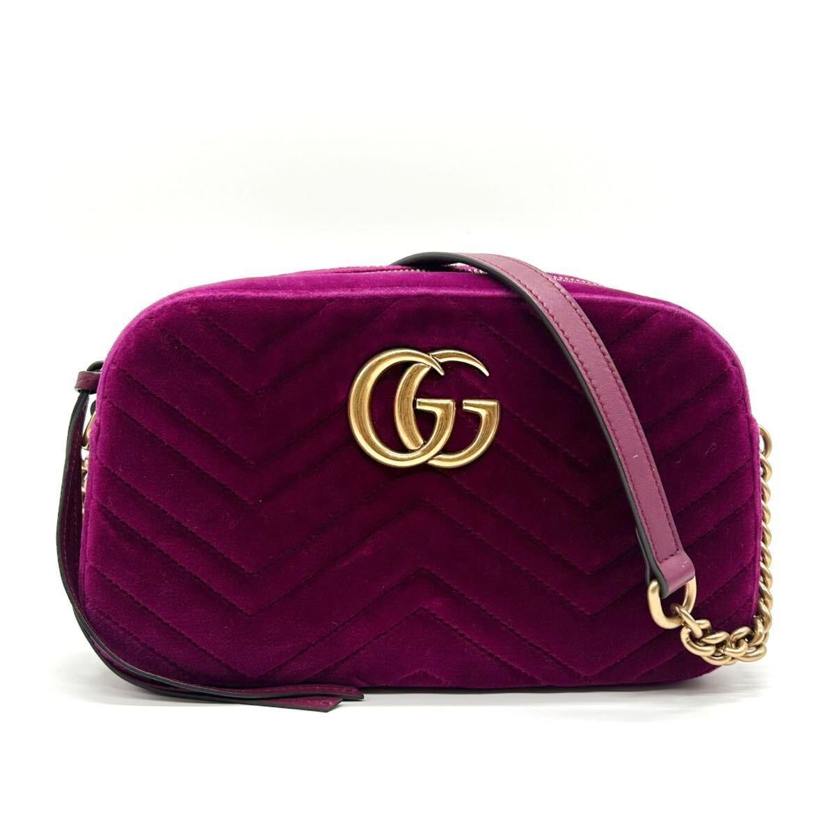 GUCCI グッチ　美品　GGマーモント　チェーンショルダーバッグ　ベロア パープル　ショルダーバッグ　447632 斜め掛け　クロスボディ　