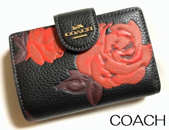 特価！ 可愛い COACH コーチ フローラル プリント レザー 二つ折り財布 ブラック/レッド CCL63 新品本物
