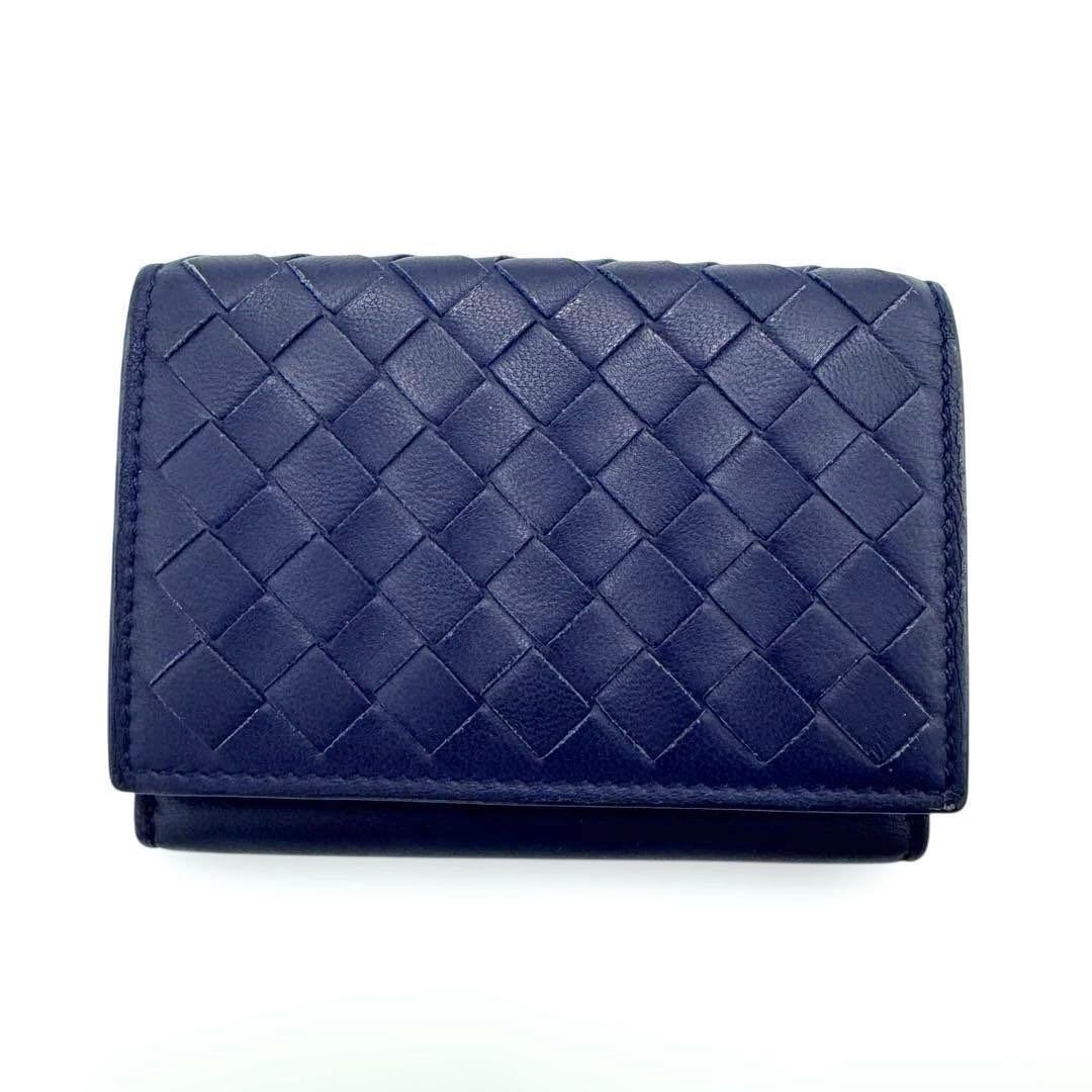 No.534【美品】ボッテガヴェネタ イントレチャート 三つ折り財布 コンパクトウォレット ネイビー マルチカラー レザー メンズ ユニセックス