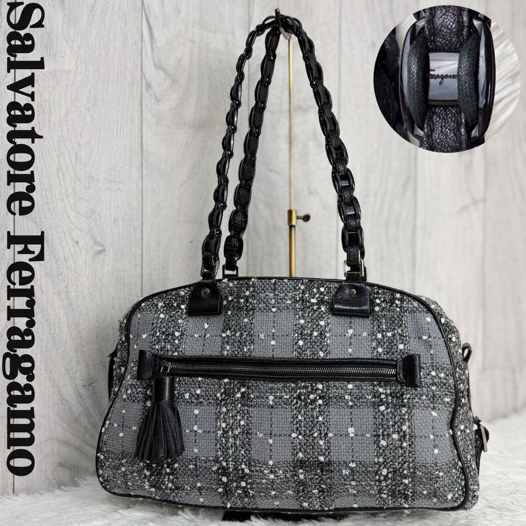 希少 ツイード Salvatore Ferragamo サルヴァトーレ フェラガモ ロゴ チェーン ショルダーバッグ レディース