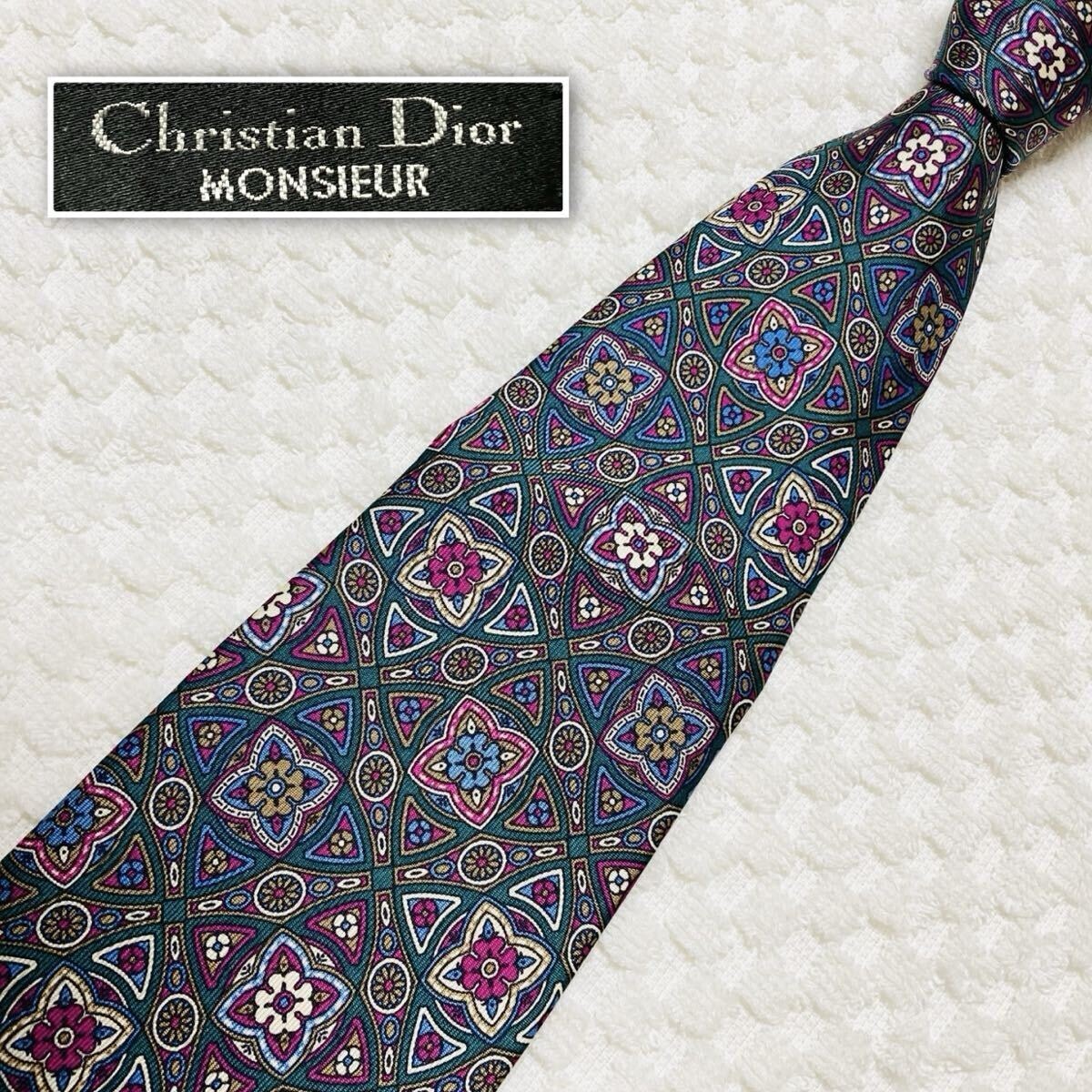 ■美品■Christian Dior クリスチャンディオール　ネクタイ　ペイズリー花柄風ジュエリー　総柄　シルク100% グリーン×マルチカラー　幅広